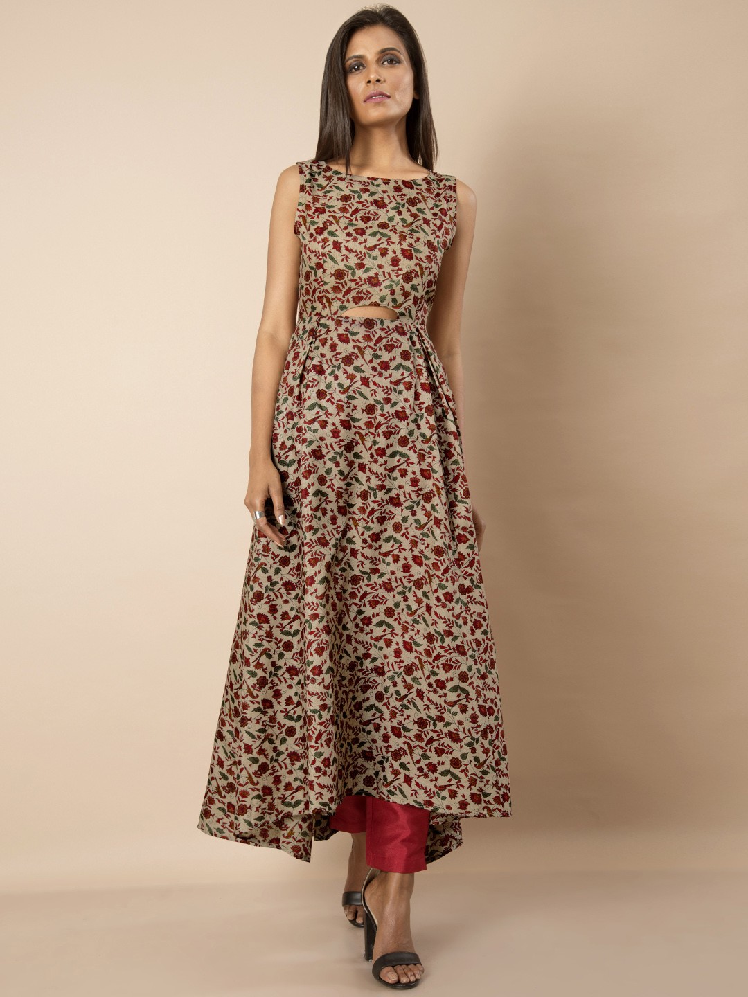 

INDYA Women Beige & Red Floral Print A-Line Kurta