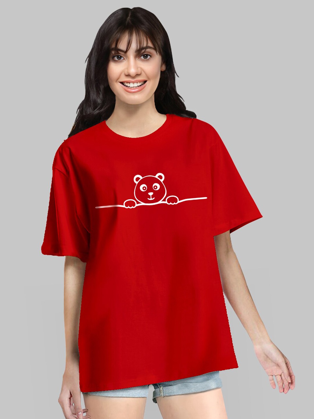 

Pootlu Women Red Drop-Shoulder Sleeves Pure Cotton Oversized T-shirt