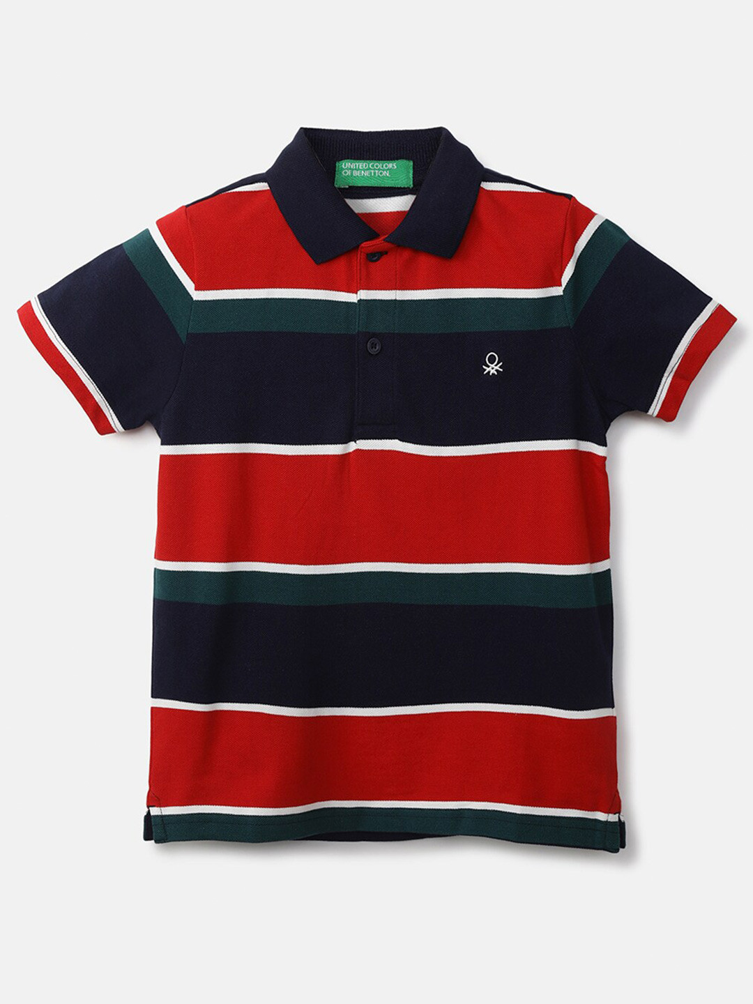 

United Colors of Benetton Boys Red & Black Striped Polo Collar Cotton T-shirt