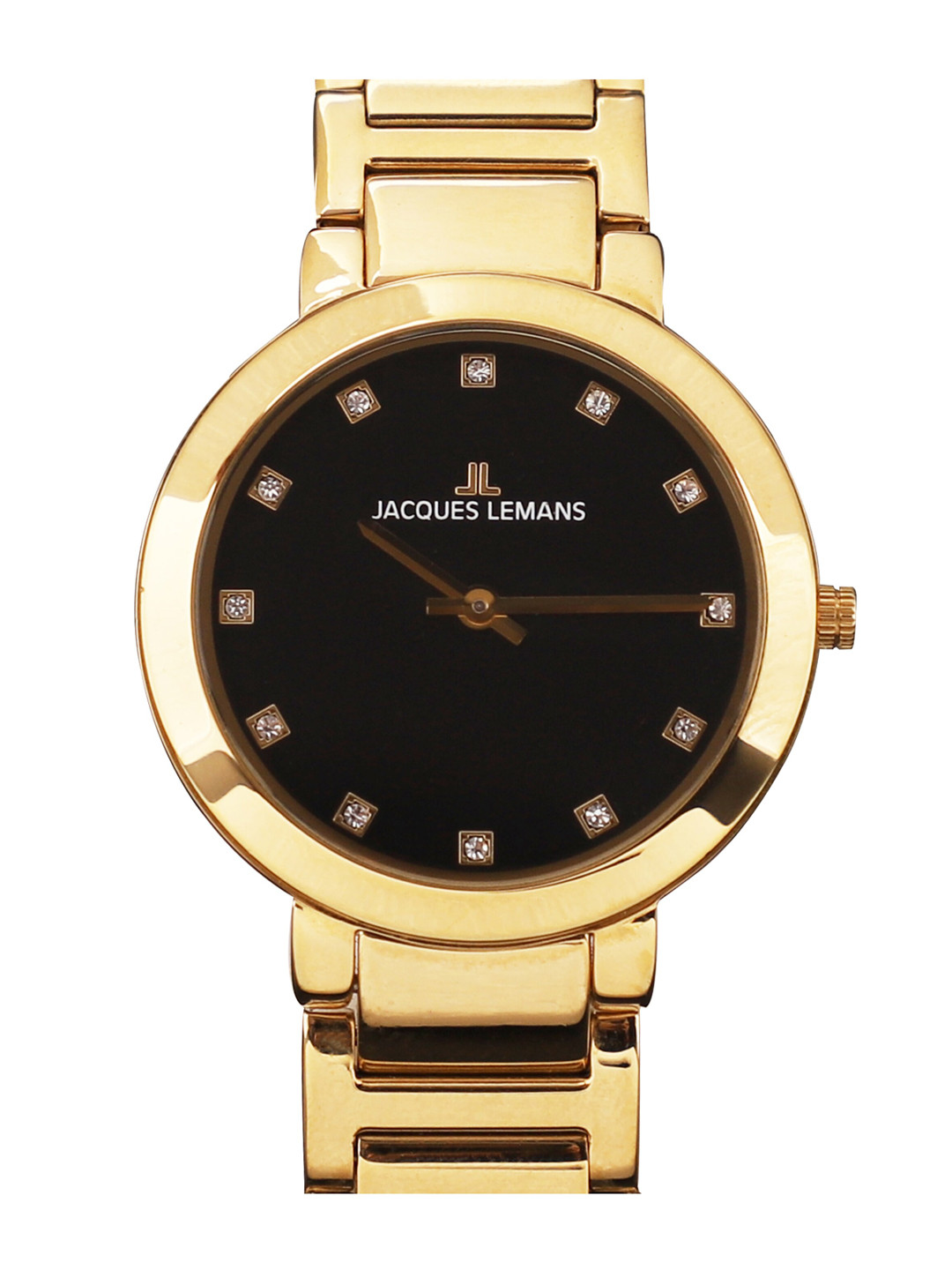 

Jacques Lemans Women Black Embellished Dial & Gold-Plated Stainless Steel Bracelet Style Straps Analogue Watch
