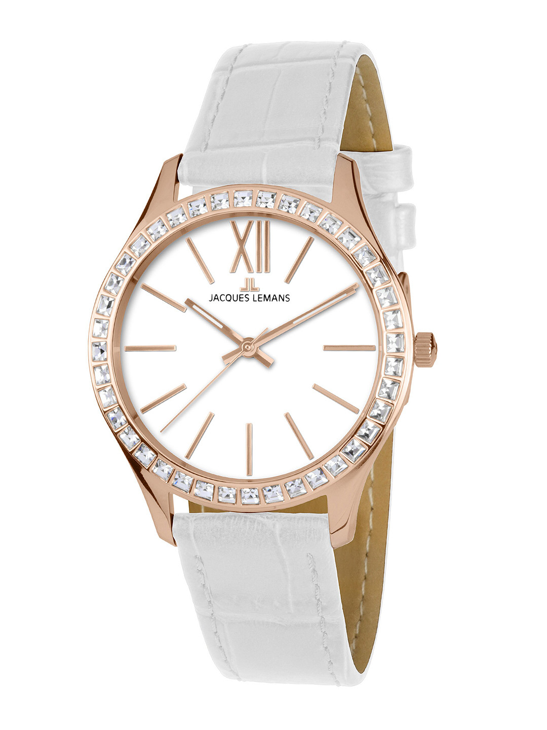 

Jacques Lemans Women Embellished Dial & White Leather Textured Straps Analogue Watch 1-1841O, Silver