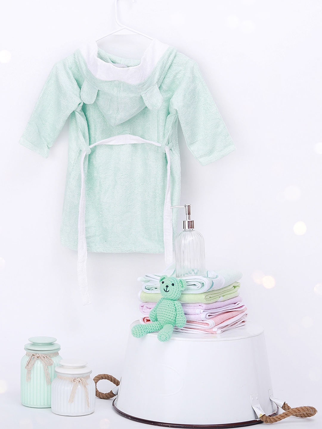 

Fancy Fluff Kids Boys Sea Green Solid Cotton Bathrobe with Hood