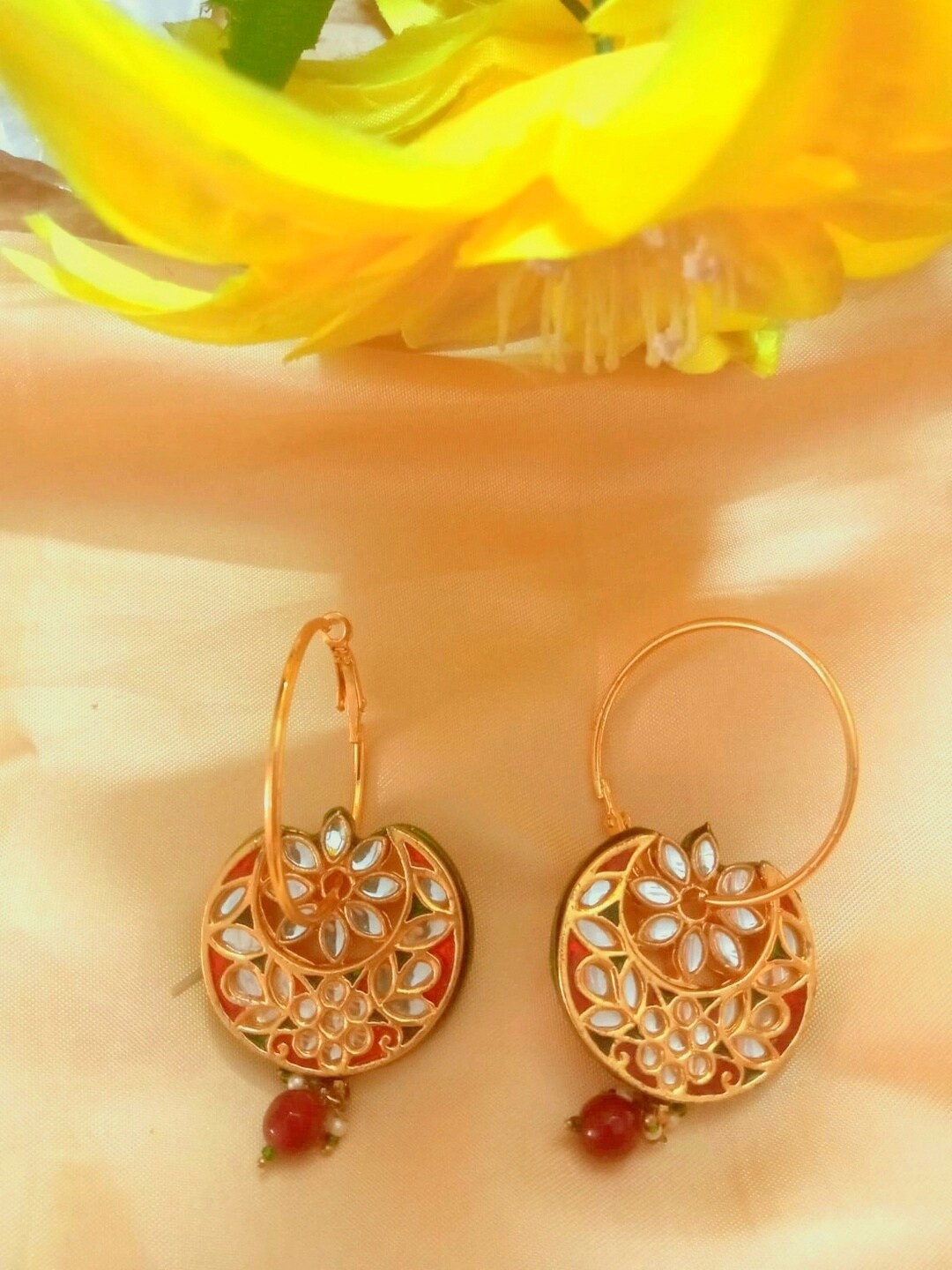

Runjhun Maroon Gold Plated Contemporary Hoop Earrings