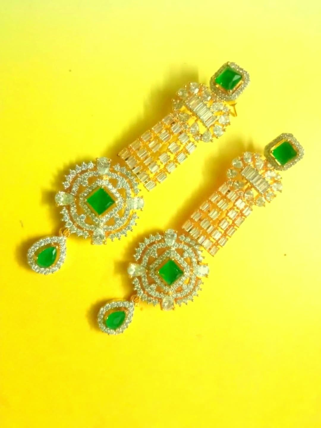 

Runjhun Gold Plated Green Contemporary Drop Earrings