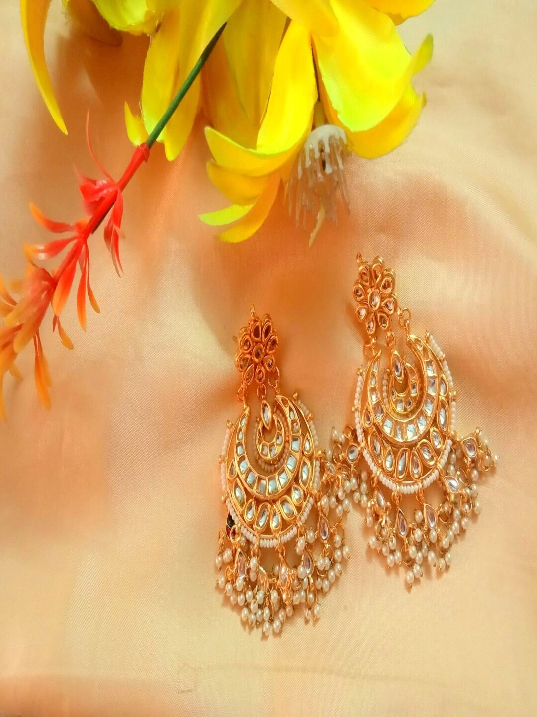 

Runjhun Gold Plated Contemporary Chandbali Earrings