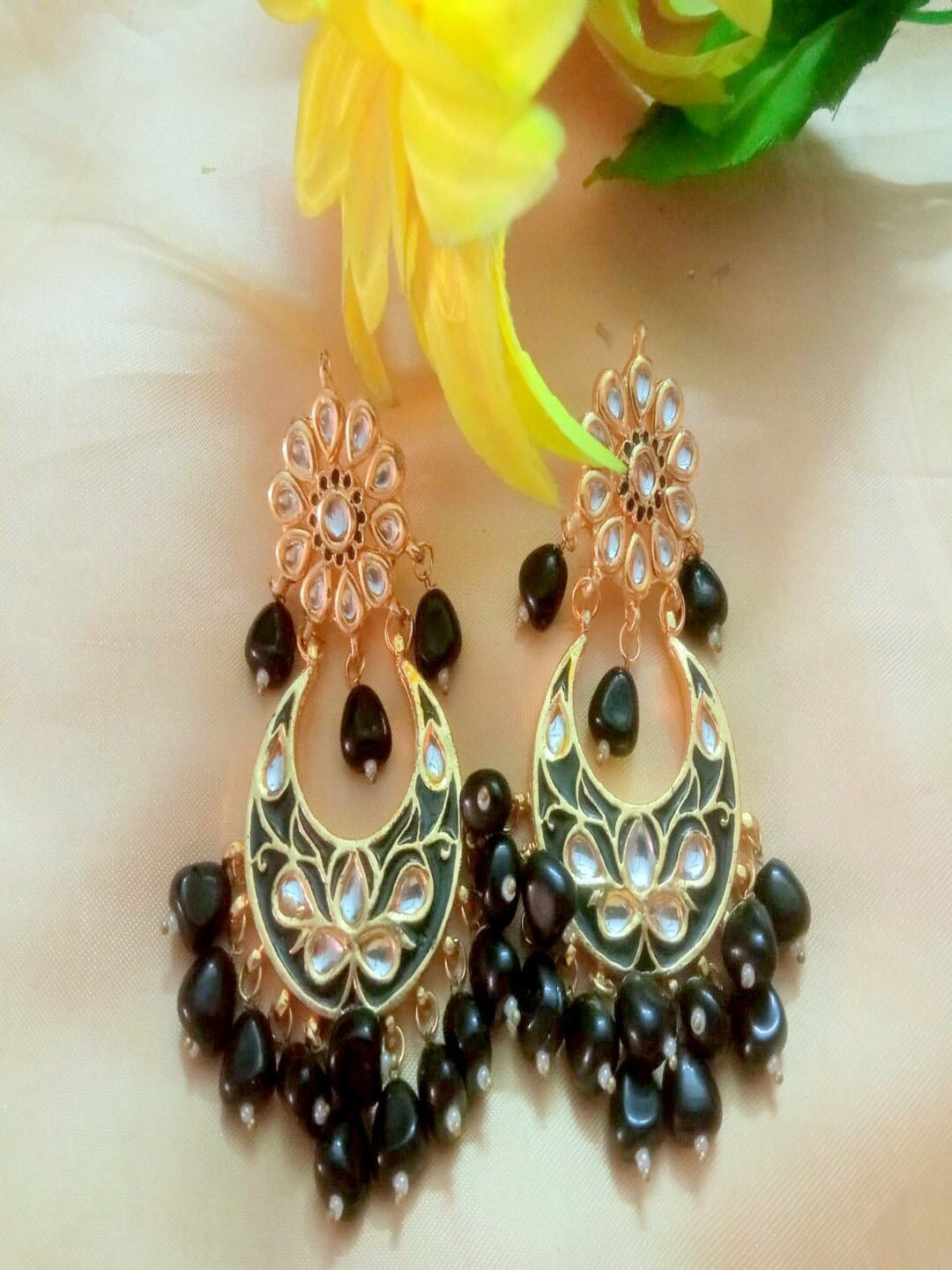 

Runjhun Gold Plated Black Contemporary Drop Earrings