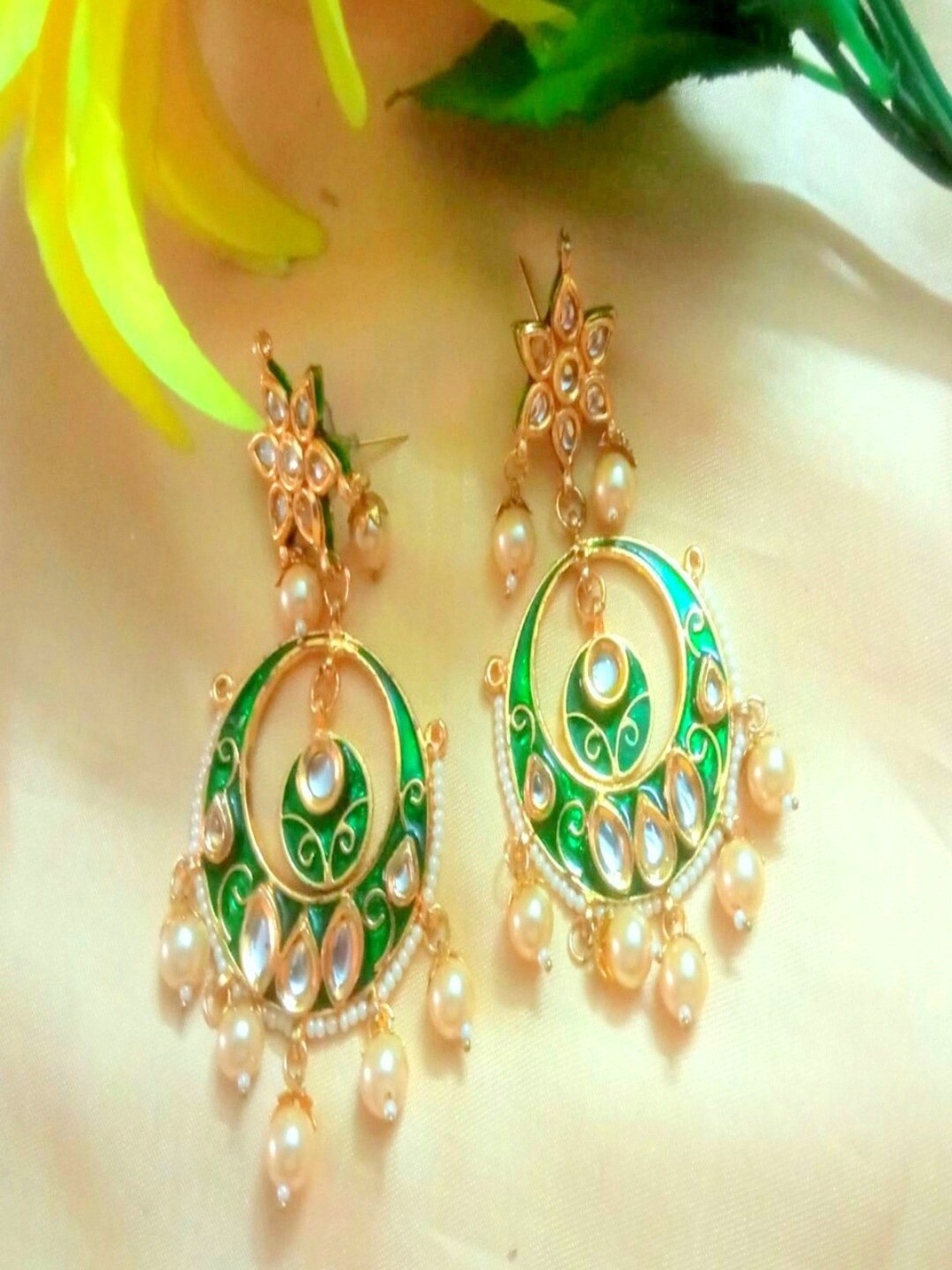 

Runjhun Gold Plated Green Contemporary Chandbali Earrings