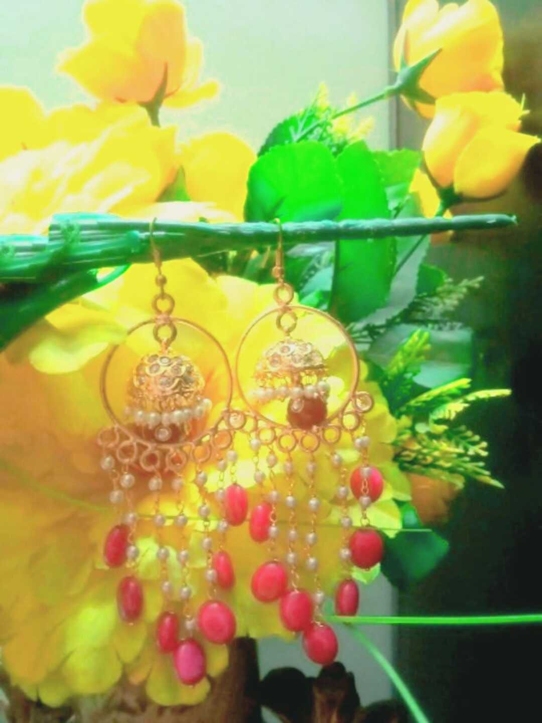

Runjhun Gold Plated Pink Contemporary Drop Earrings