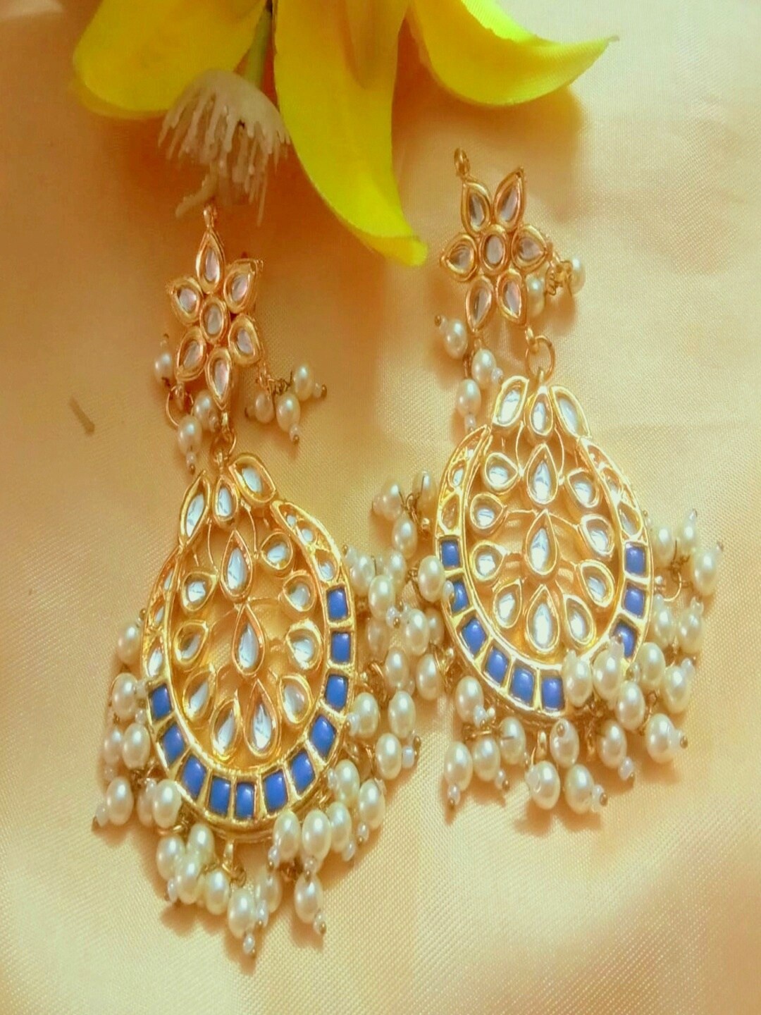 

Runjhun Gold Plated Blue Contemporary Chandbali Earrings