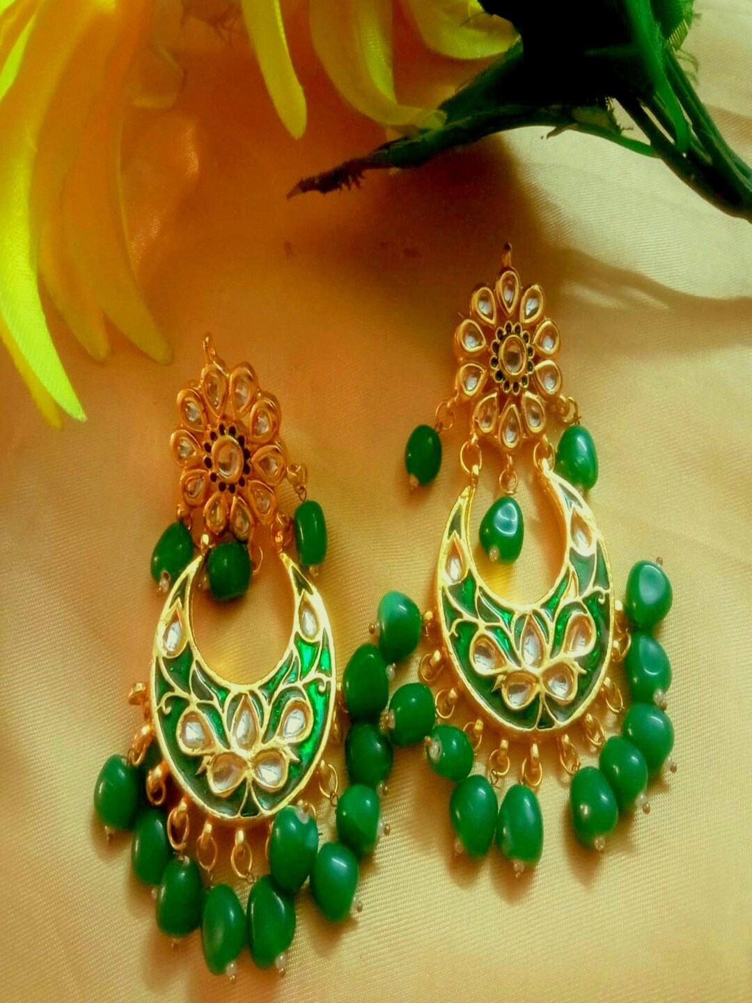 

Runjhun Gold Plated Green Contemporary Chandbali Earrings