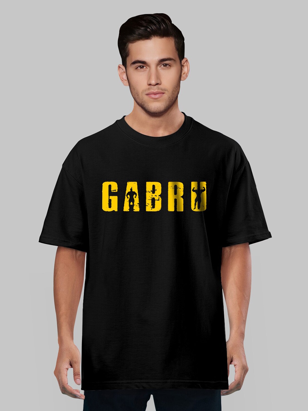 Pootlu Men Black Typography Printed Oversized T-shirt