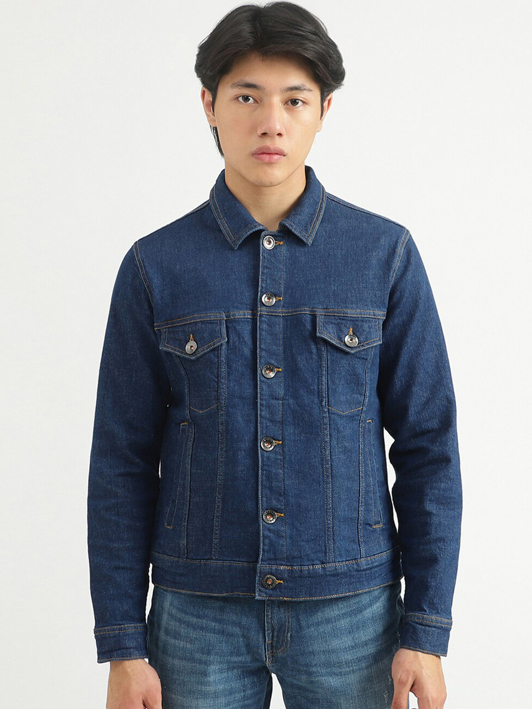 

United Colors of Benetton Men Navy Blue Solid Cotton Washed Crop Denim Jacket