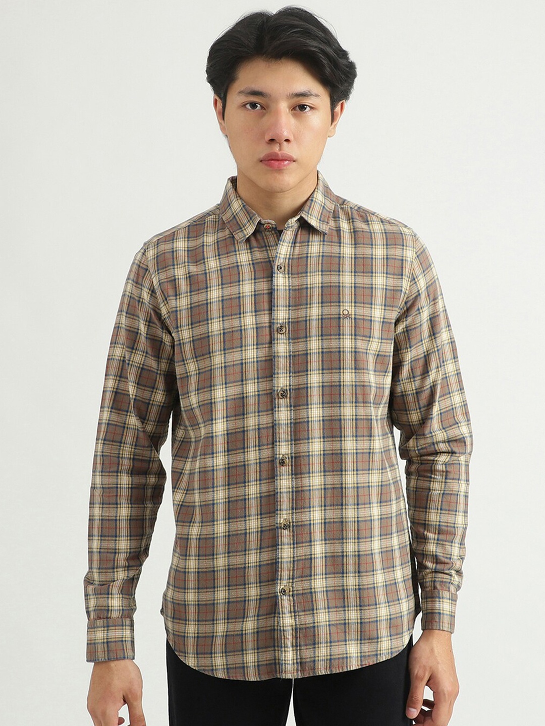 

United Colors of Benetton Men Tan Brown & Yellow Slim Fit Tartan Checked Casual Shirt