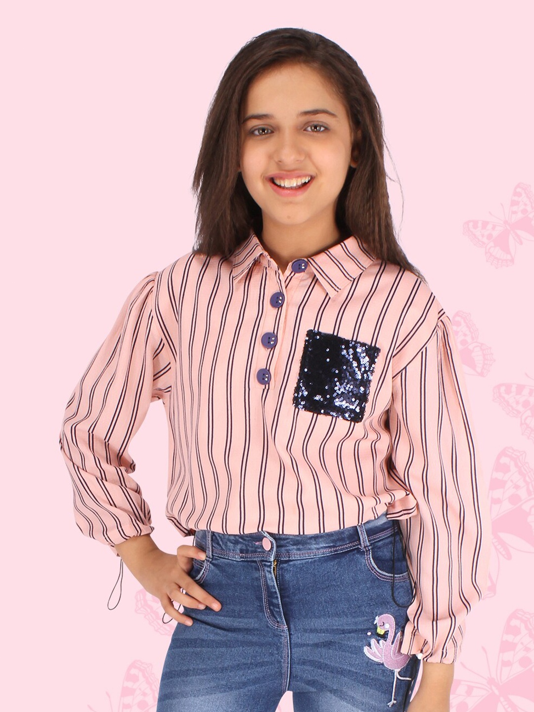 

CUTECUMBER Peach-Coloured & Blue Striped Georgette Shirt Style Top