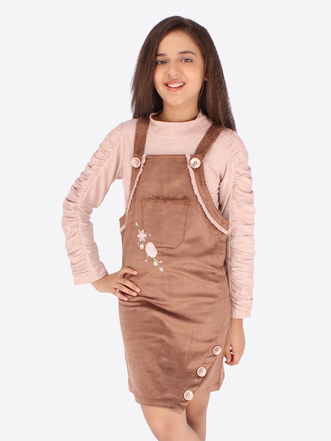 

CUTECUMBER Girls Brown Floral Embroidered Denim Pinafore Dress