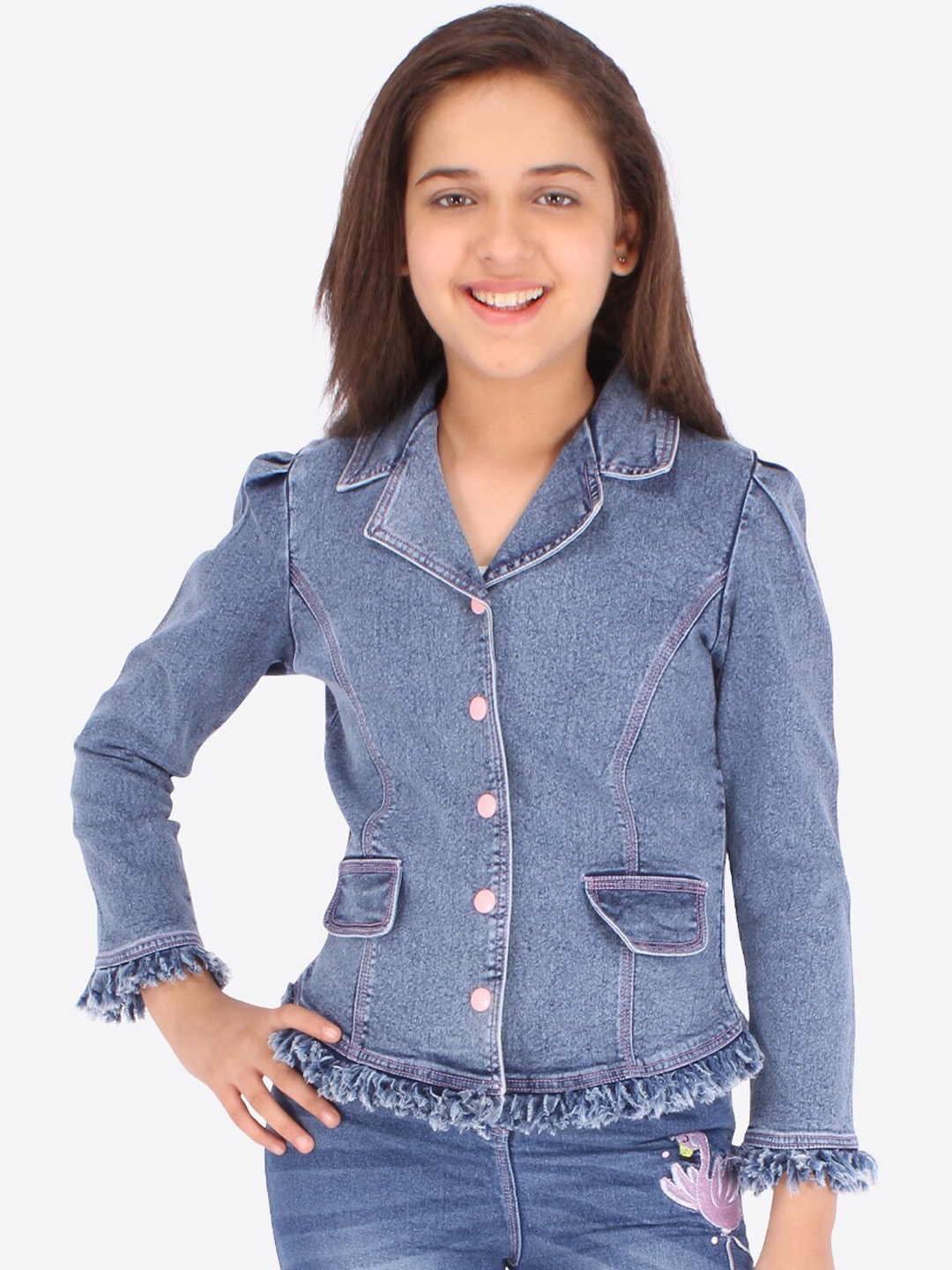 

CUTECUMBER Girls Blue Solid Denim Coat