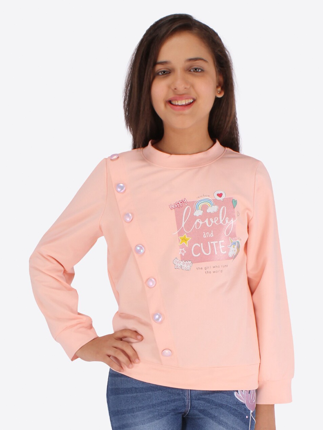 

CUTECUMBER Peach-Coloured & Pink Print Mandarin Collar Applique Shirt Style Top