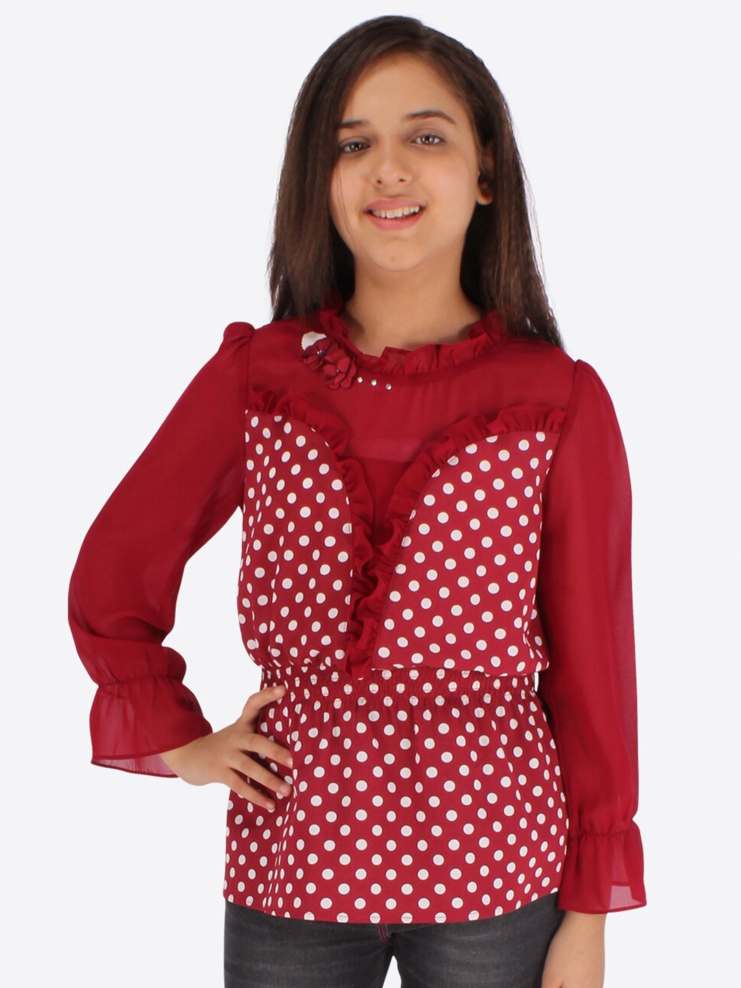 

CUTECUMBER Maroon & White Print Ruffles Georgette Cinched Waist Top