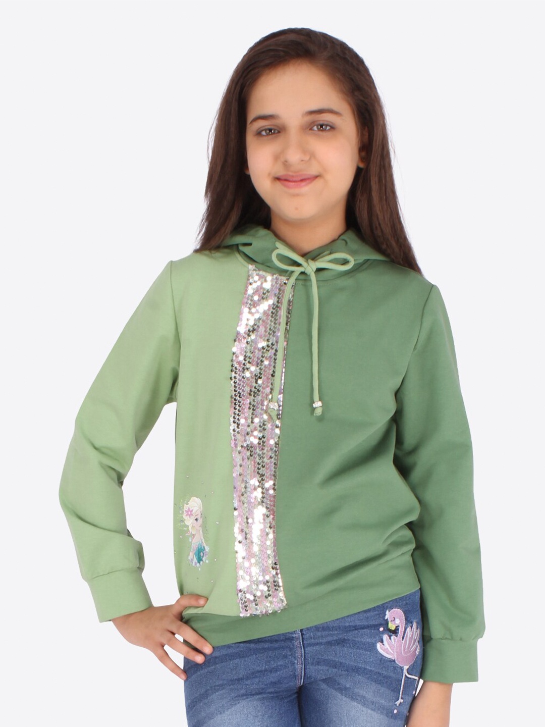 

CUTECUMBER Girls Green Colourblocked Hooded Sweatshirt