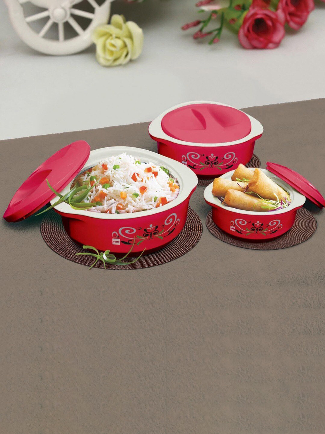 

Cello Set of 3 Red Printed Casserole with Inner Steel