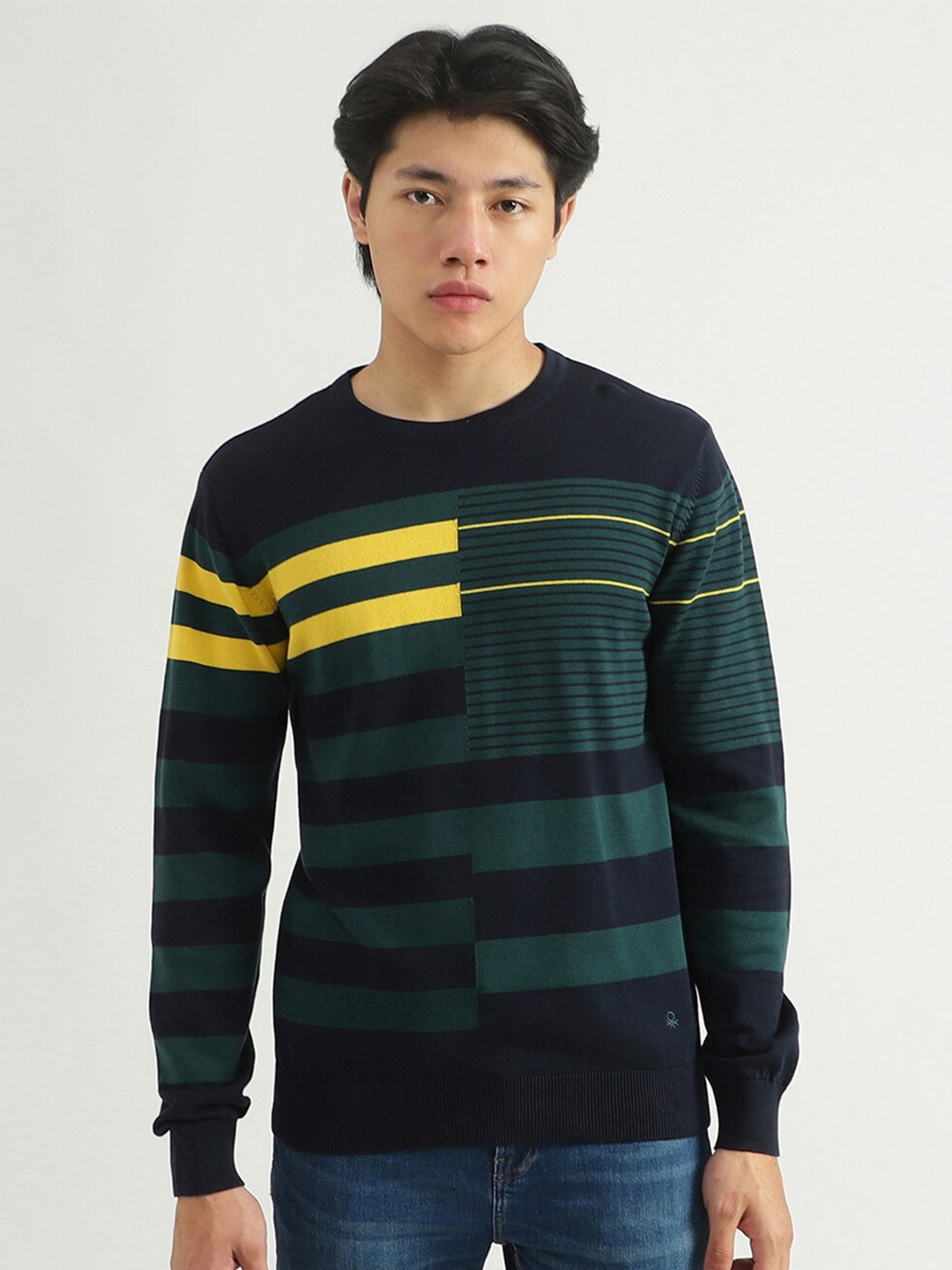 

United Colors of Benetton Men Green & Yellow Cotton Striped Pullover