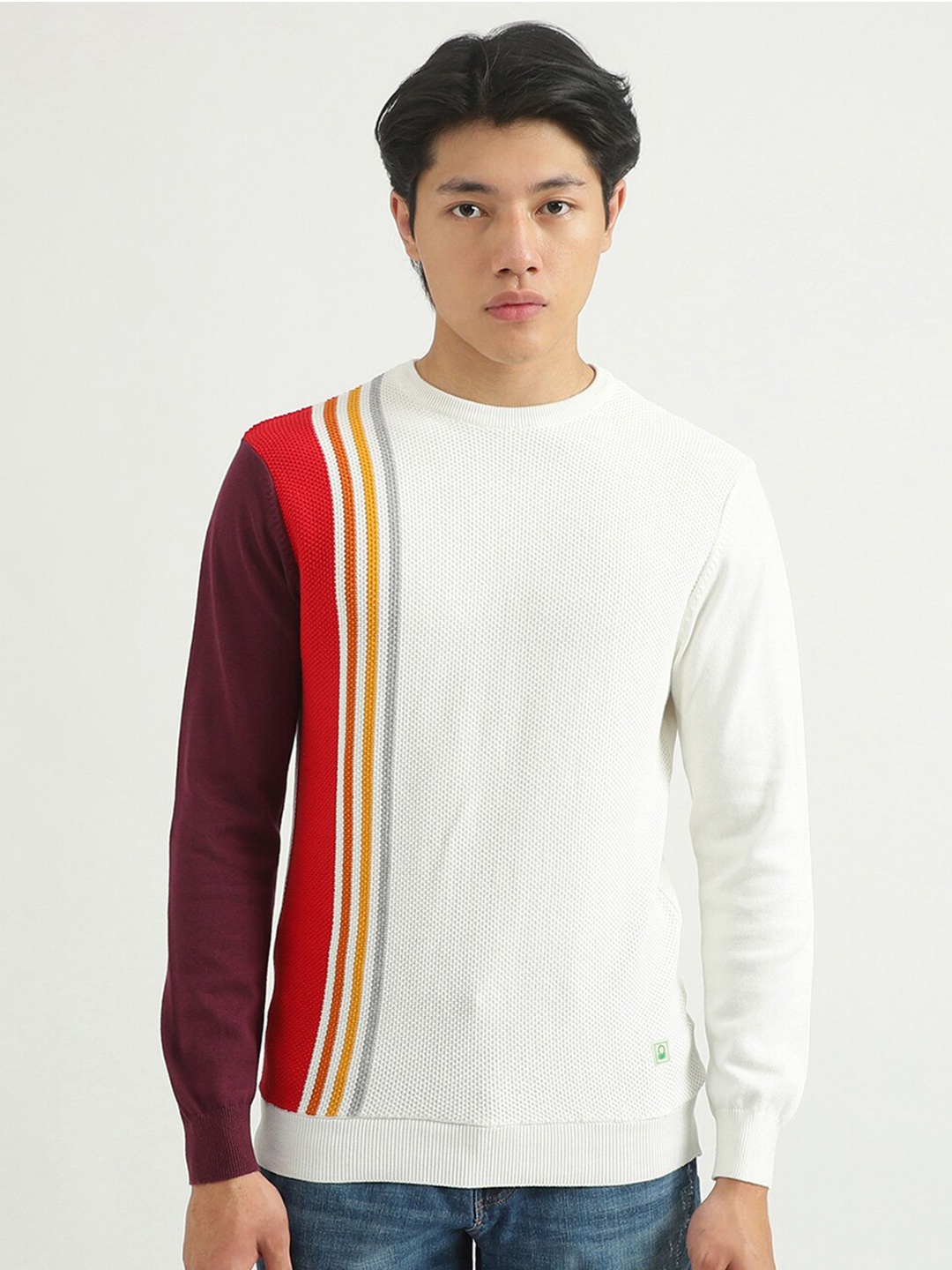 

United Colors of Benetton Men White & Red Striped Cotton Pullover