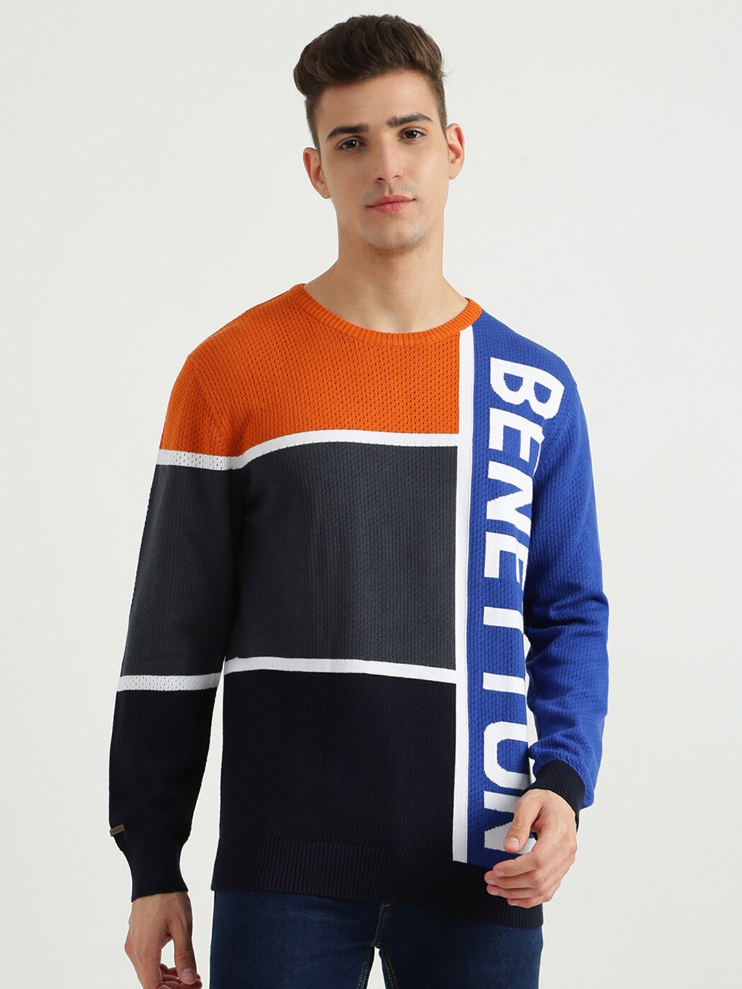 

United Colors of Benetton Men Orange & Blue Typography Printed