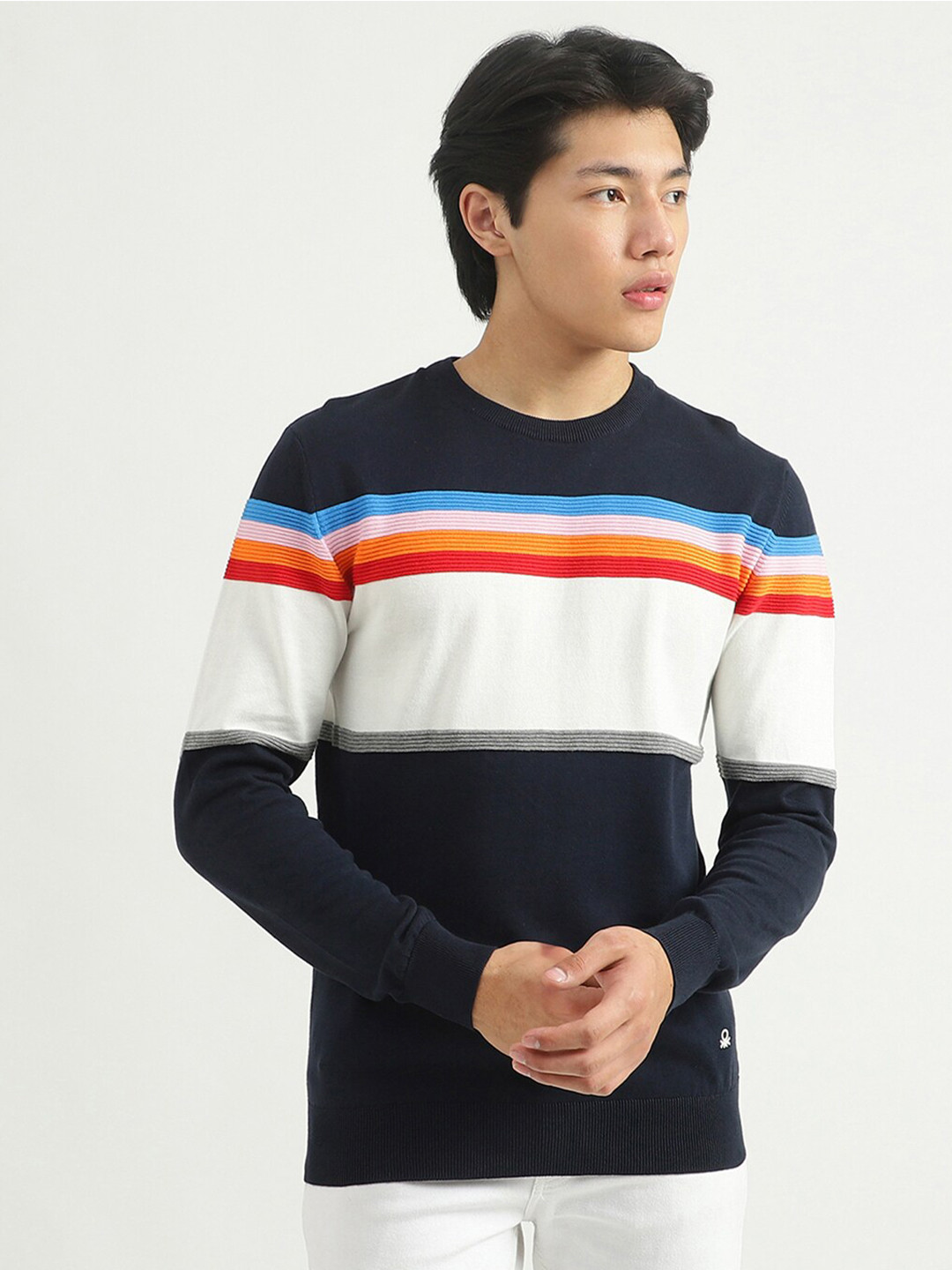 

United Colors of Benetton Men Blue & White Colourblocked Pullover