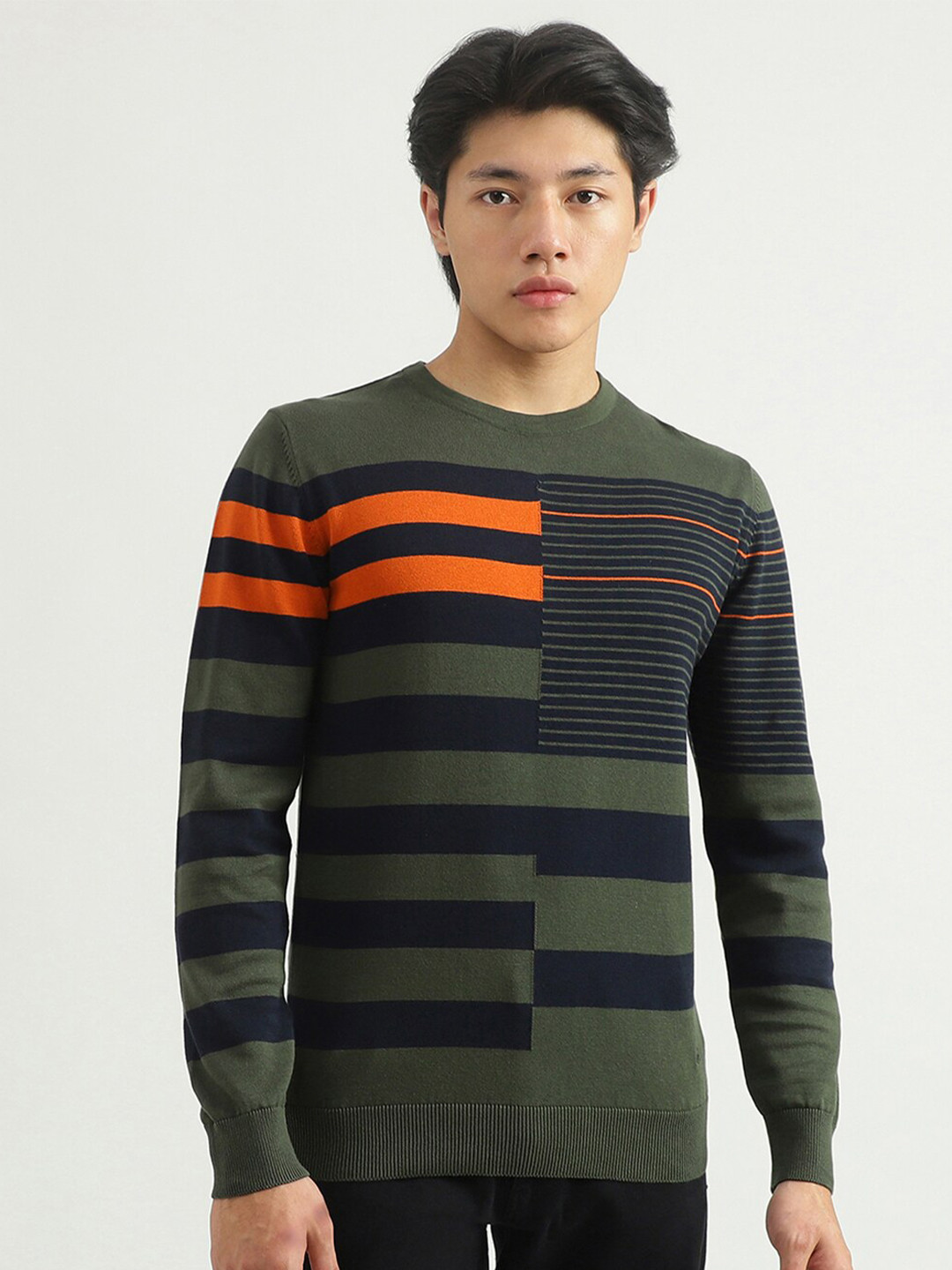 

United Colors of Benetton Men Olive Green And Navy Blue Striped Cotton Pullover Sweater