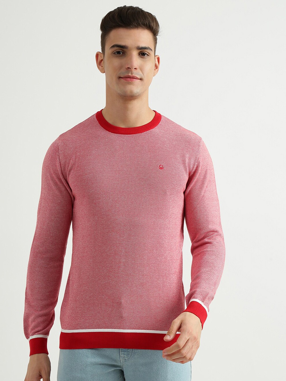 

United Colors of Benetton Men Red & White Self Design Cotton Pullover
