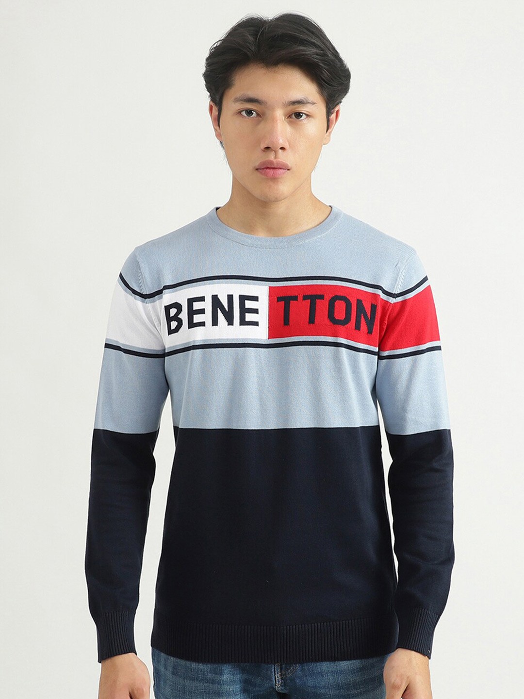 

United Colors of Benetton Men Blue & Black Typography Colourblocked Pullover