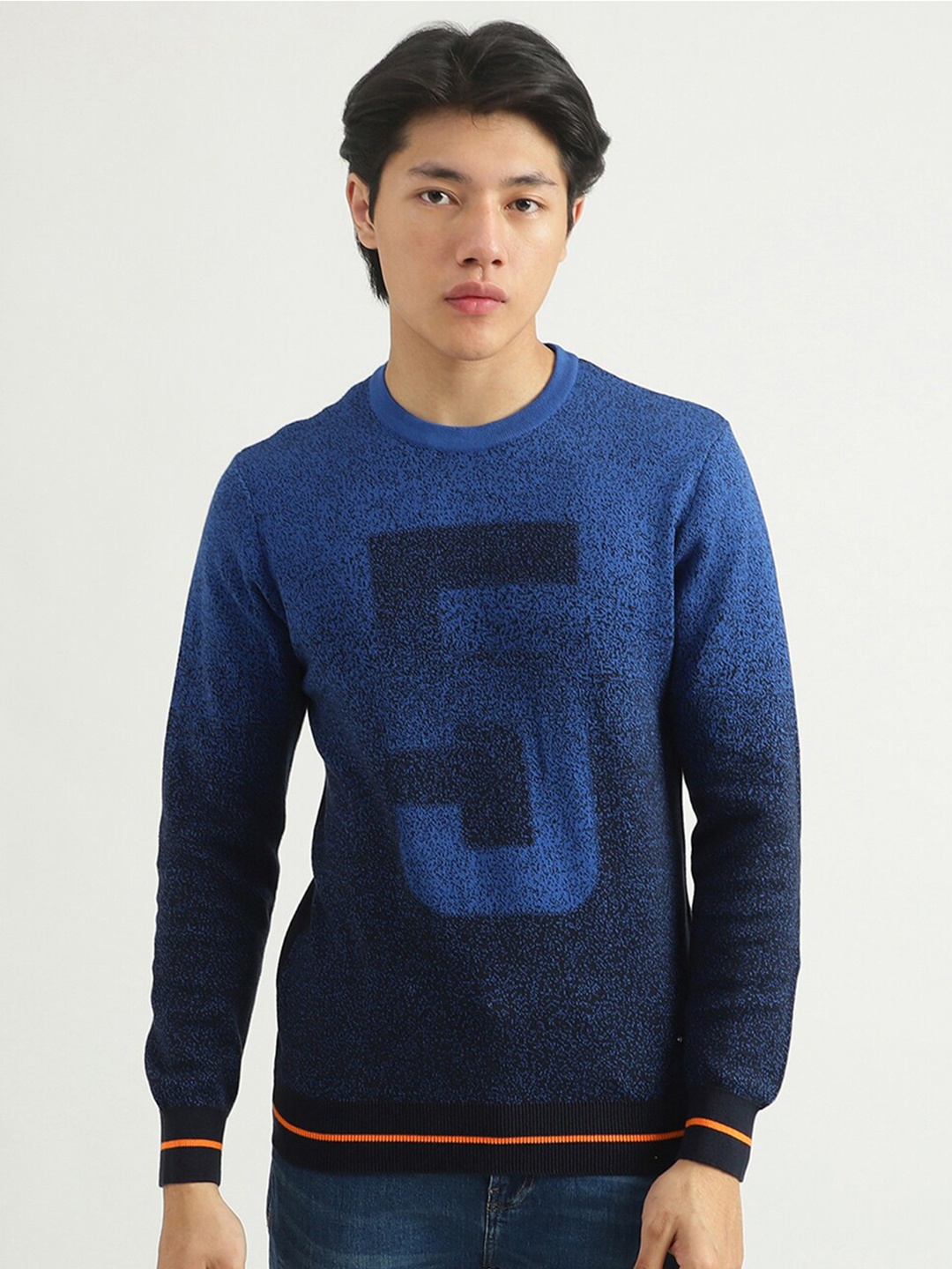 

United Colors of Benetton Men Blue & Orange Typography Printed Pullover