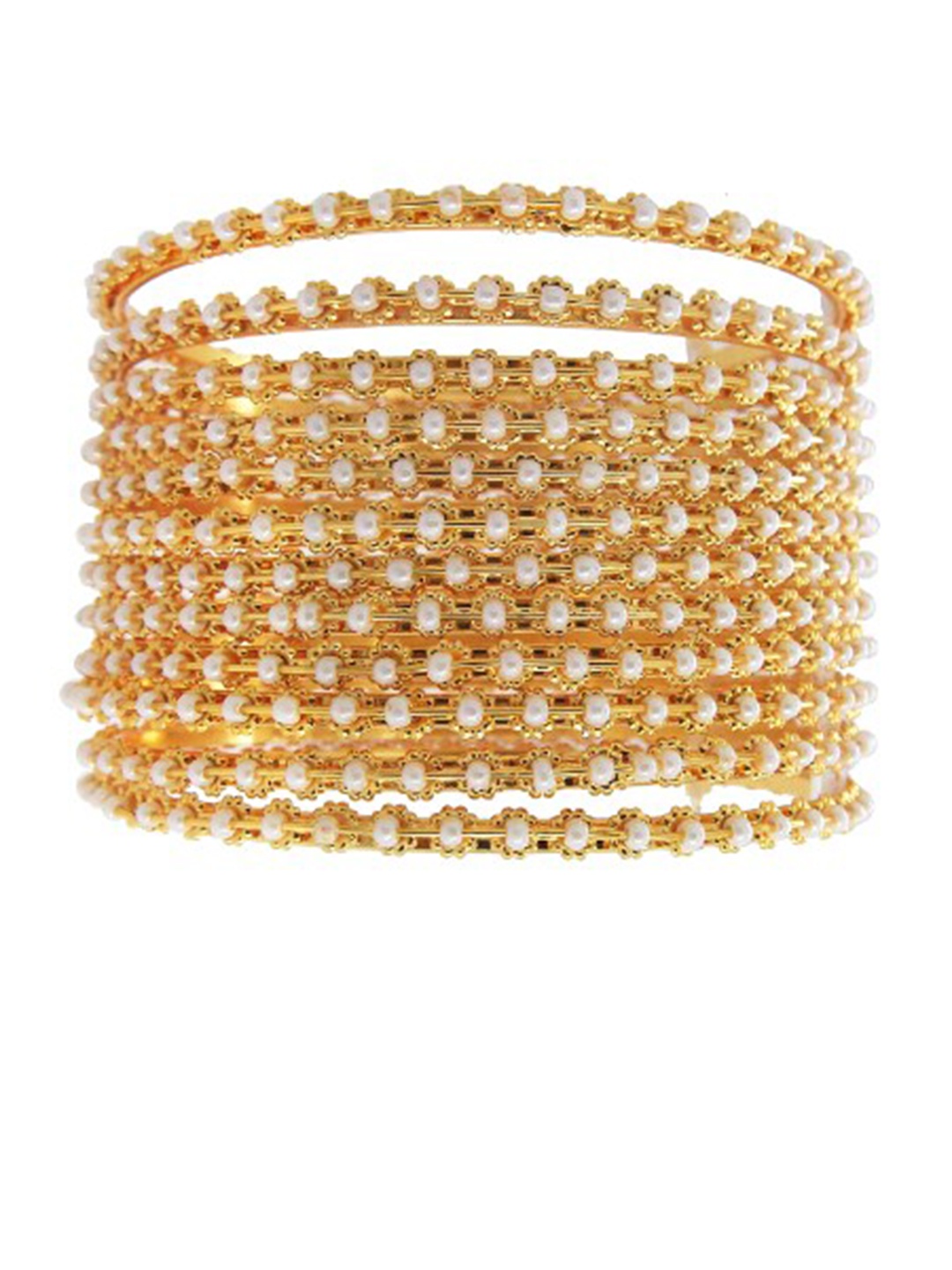 

FEMMIBELLA Set Of 12 Gold-Plated White Pearl Beaded Traditional Bangle Set