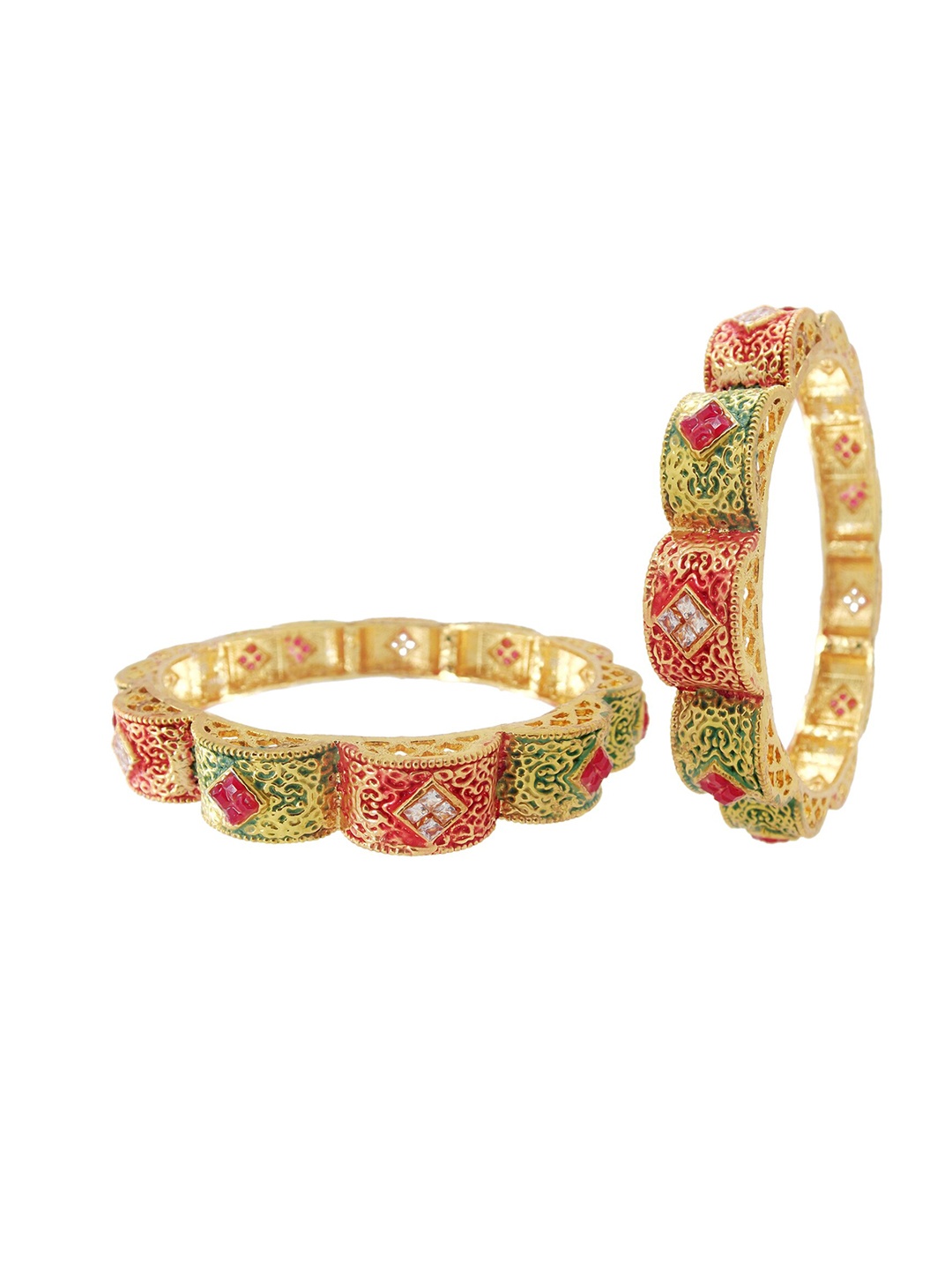 

FEMMIBELLA Women Set of 2 Gold-Plated Meenakari Gajra Polki Stone-Studded Bangle Set