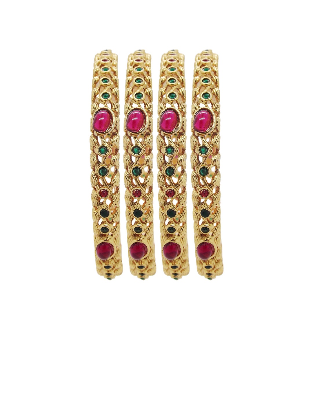 

FEMMIBELLA Set Of 4 Gold-Plated Red & Green Stone Studded Bangles