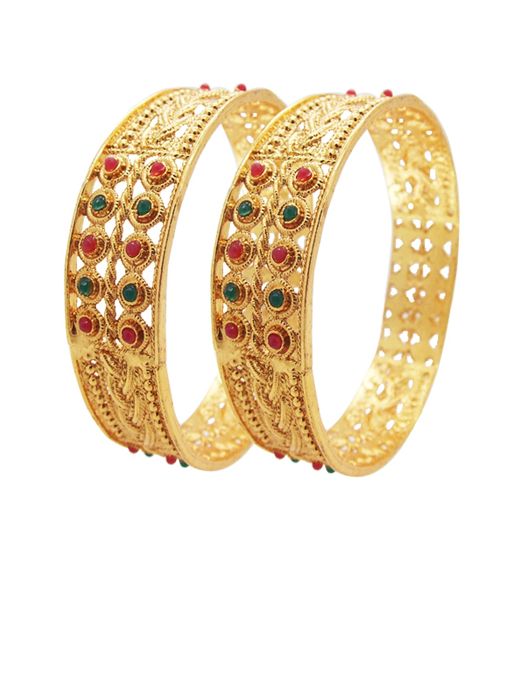 

FEMMIBELLA Set Of 2 Gold-Plated Green & Red CZ-Studded Bangles
