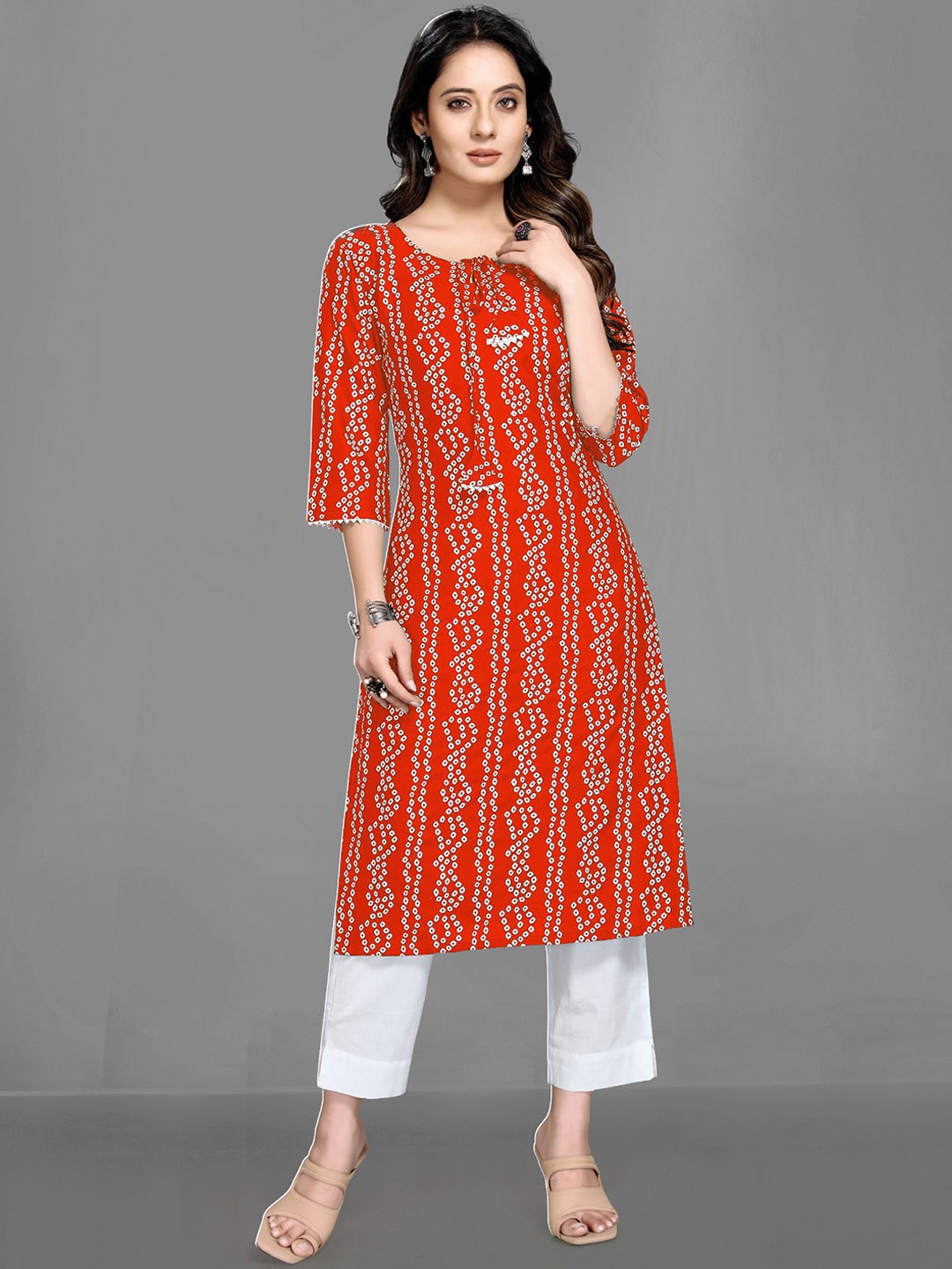 

Queenswear Creation Women Red Leheriya Printed Kurta