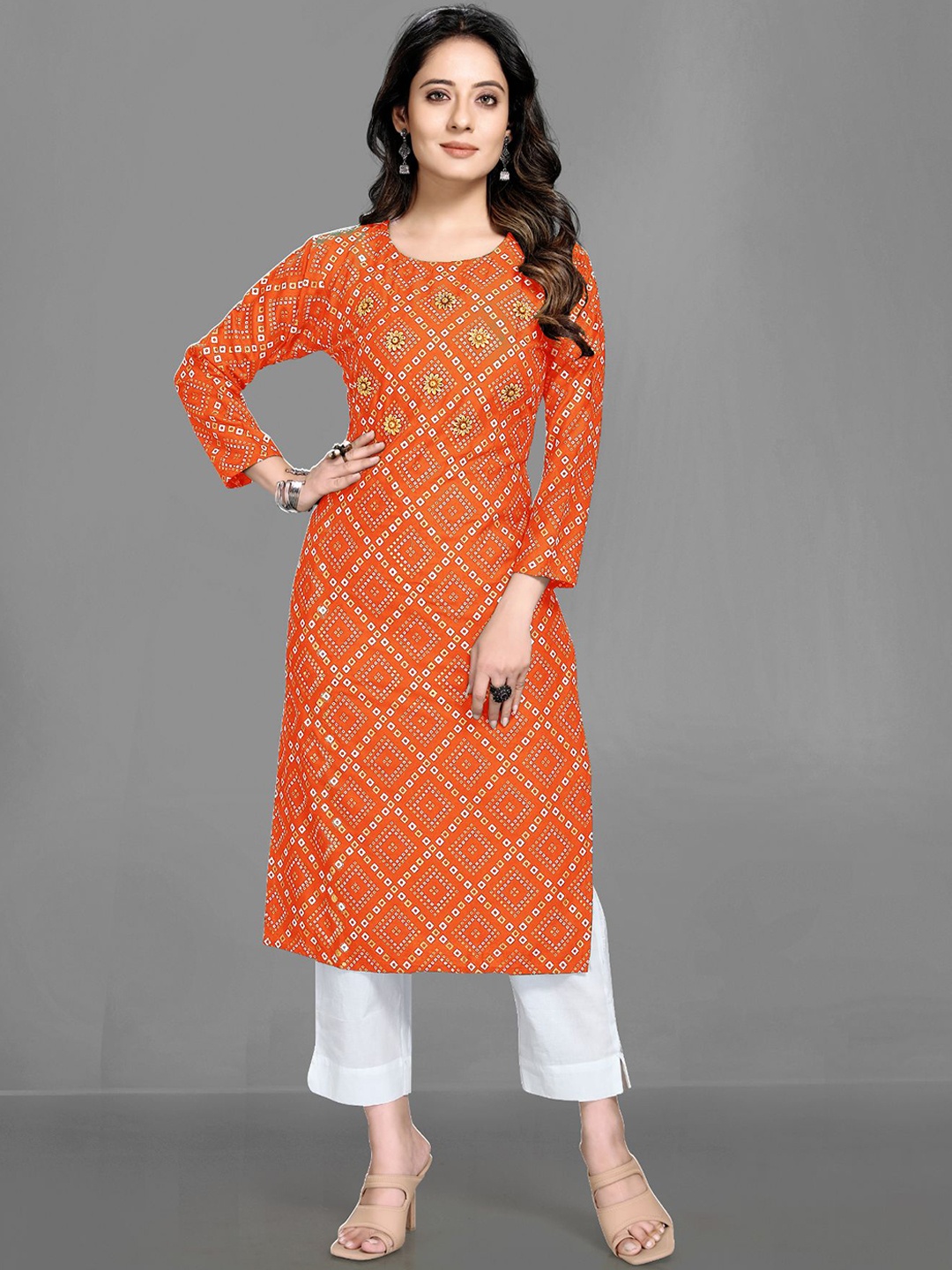 

Queenswear Creation Women Orange Geometric Printed Thread Work Kurta