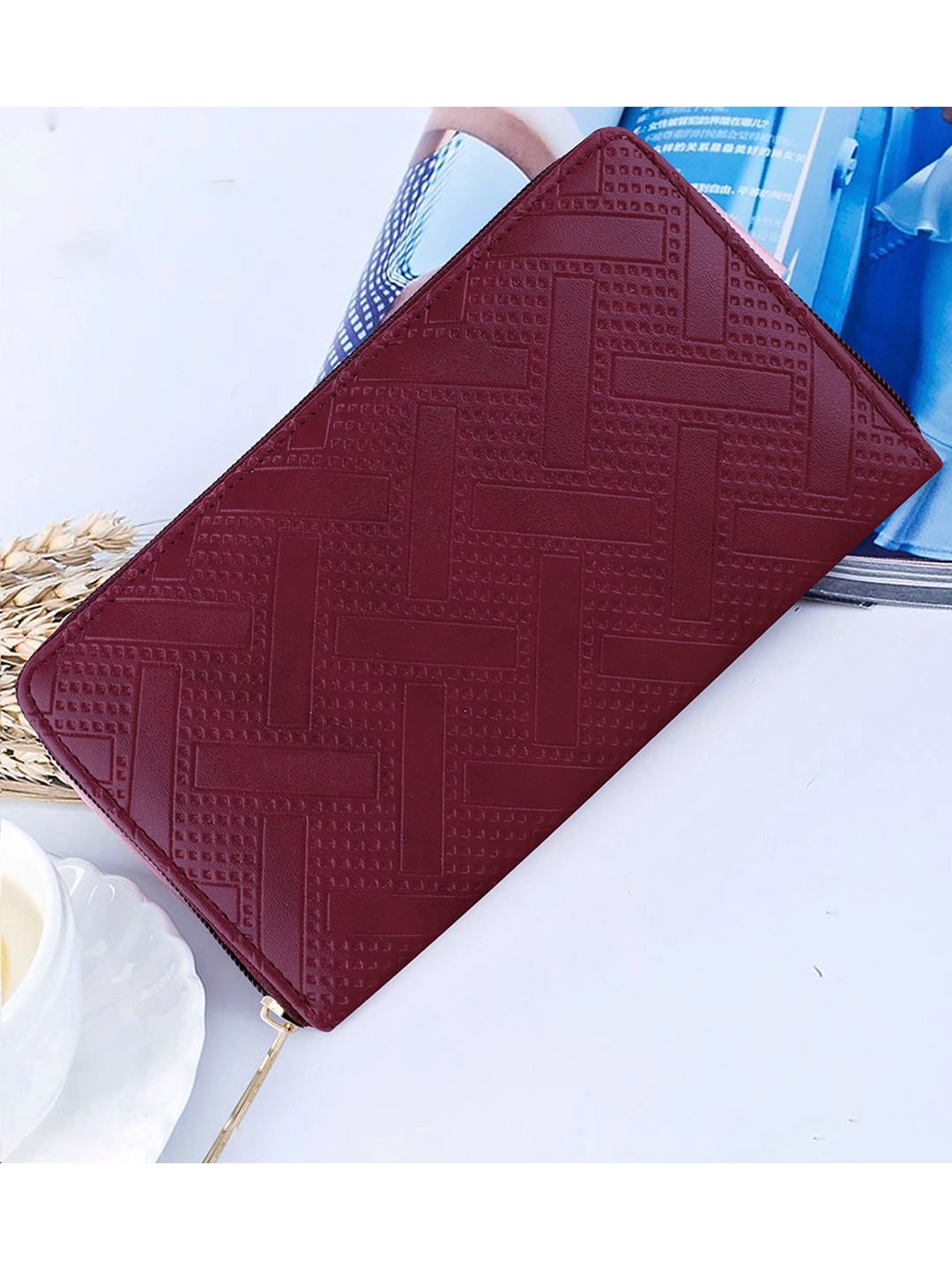 

YESSBENZA Women Geometric Zip Around Wallet, Maroon