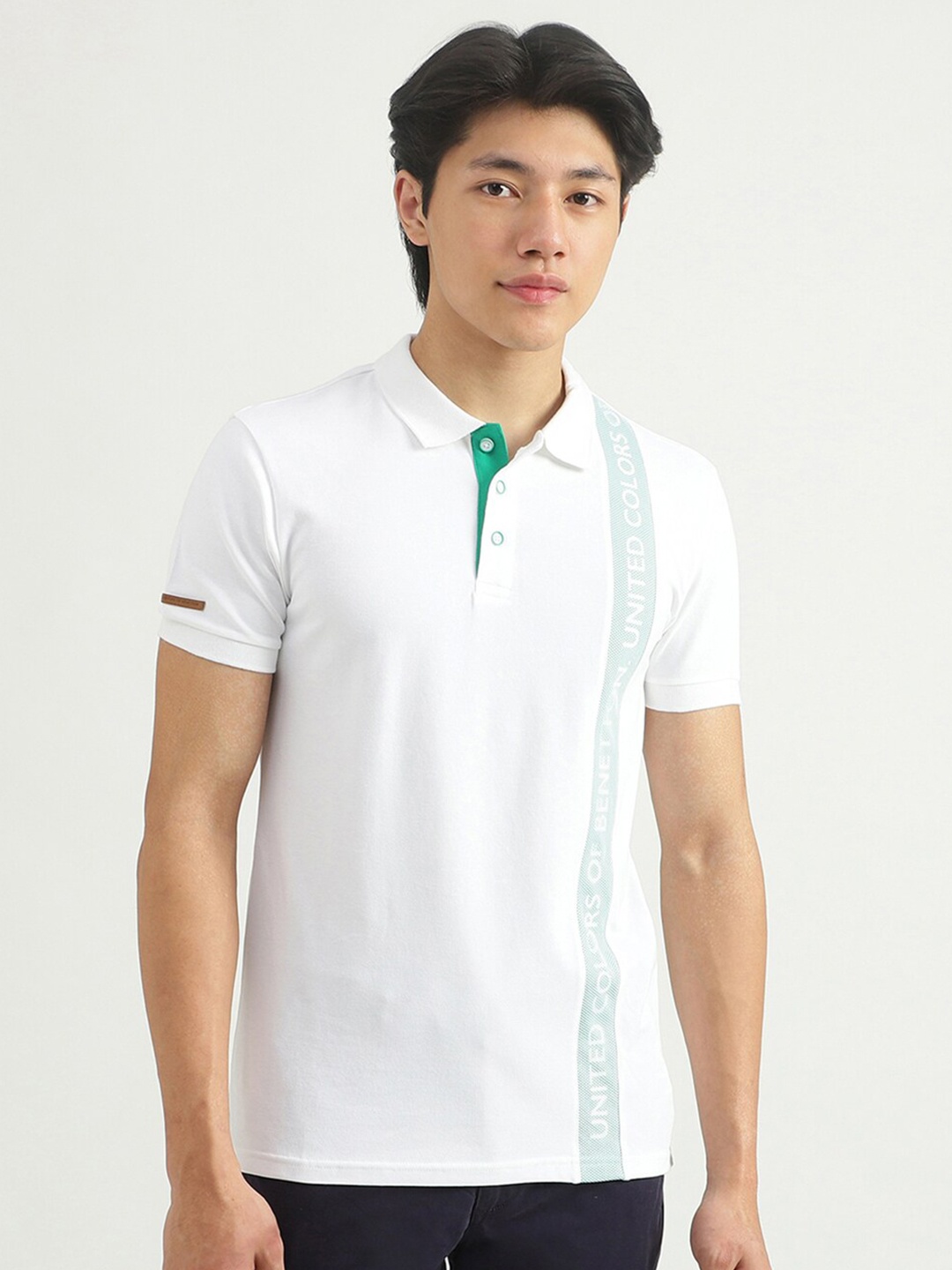 

United Colors of Benetton Men White Brand Logo Polo Collar T-shirt