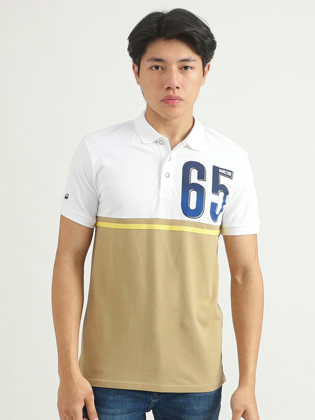 

United Colors of Benetton Men Varsity Colourblocked Polo Collar T-shirt, White