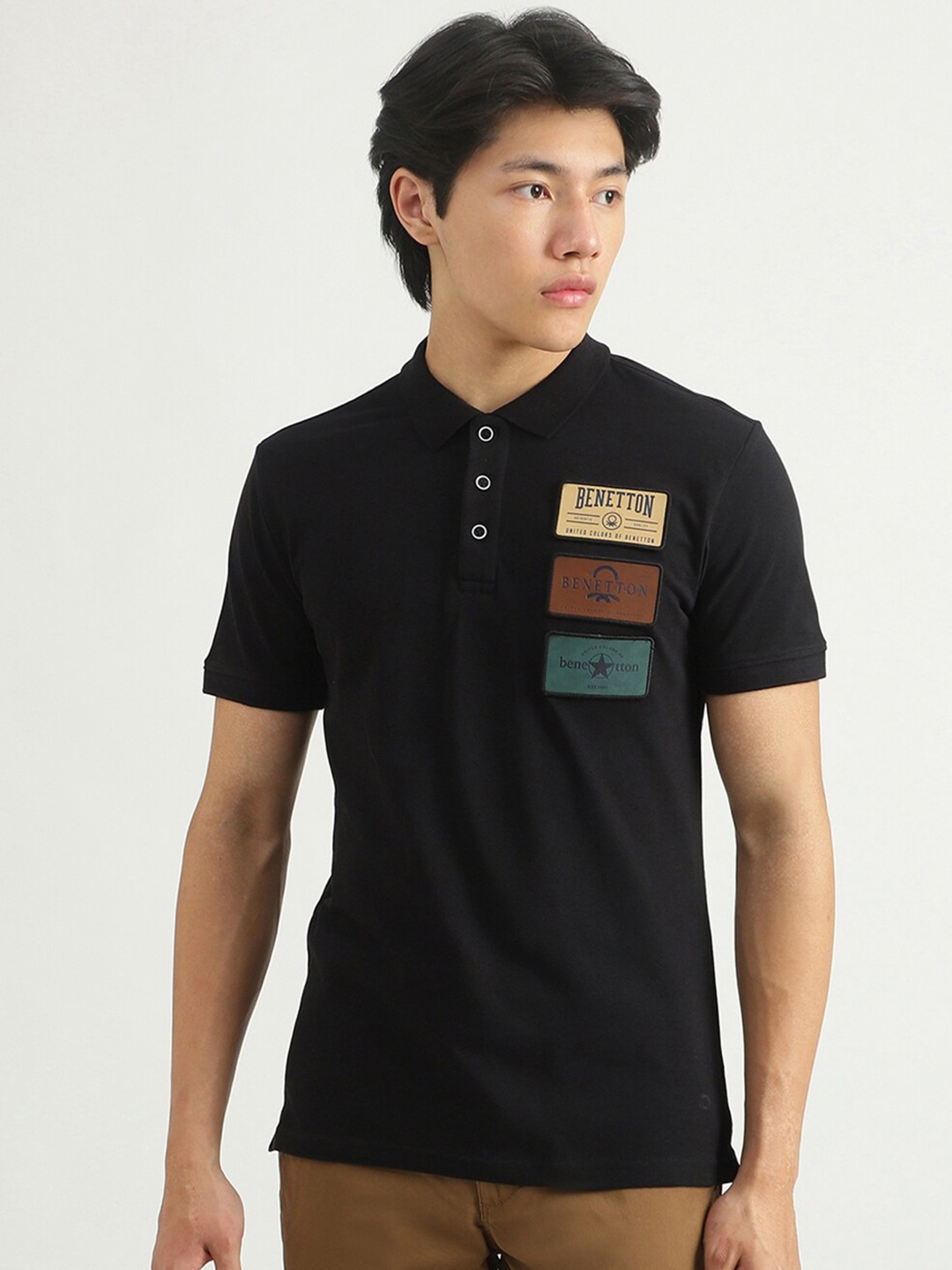 

United Colors of Benetton Men Black Typography Polo Collar Applique T-shirt