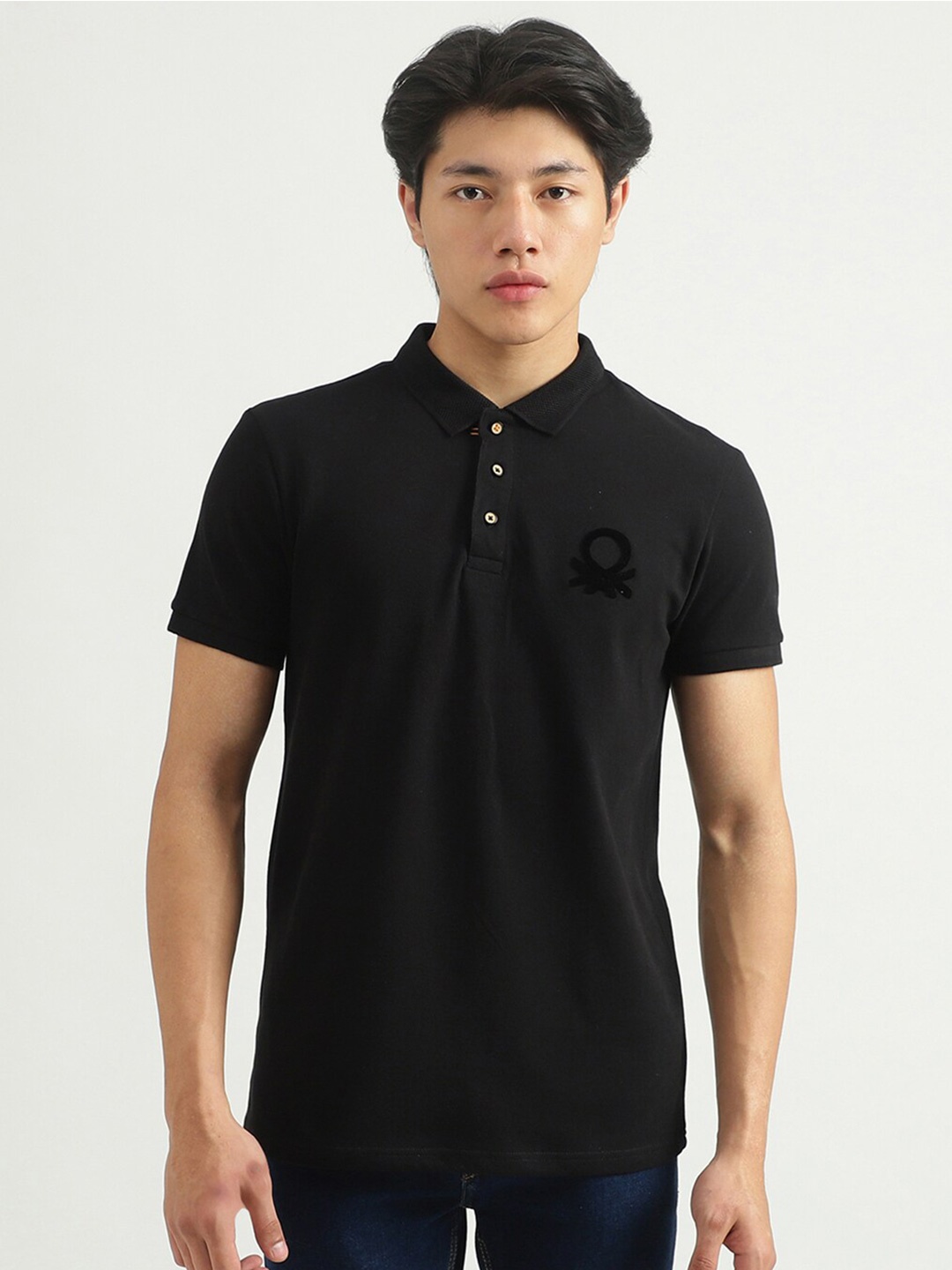 

United Colors of Benetton Men Black Solid Polo Collar T-shirt