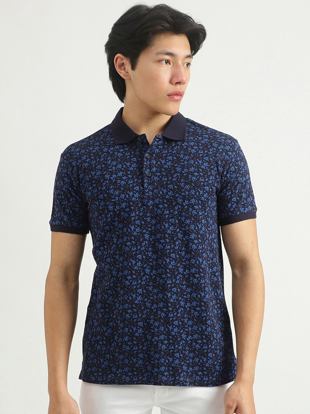 

United Colors of Benetton Men Navy Blue Printed Polo Collar T-shirt