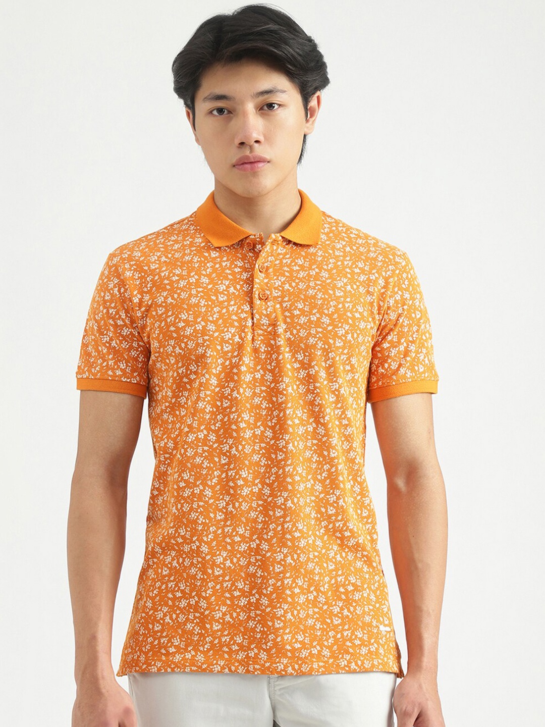 

United Colors of Benetton Men Orange Printed Polo Collar T-shirt
