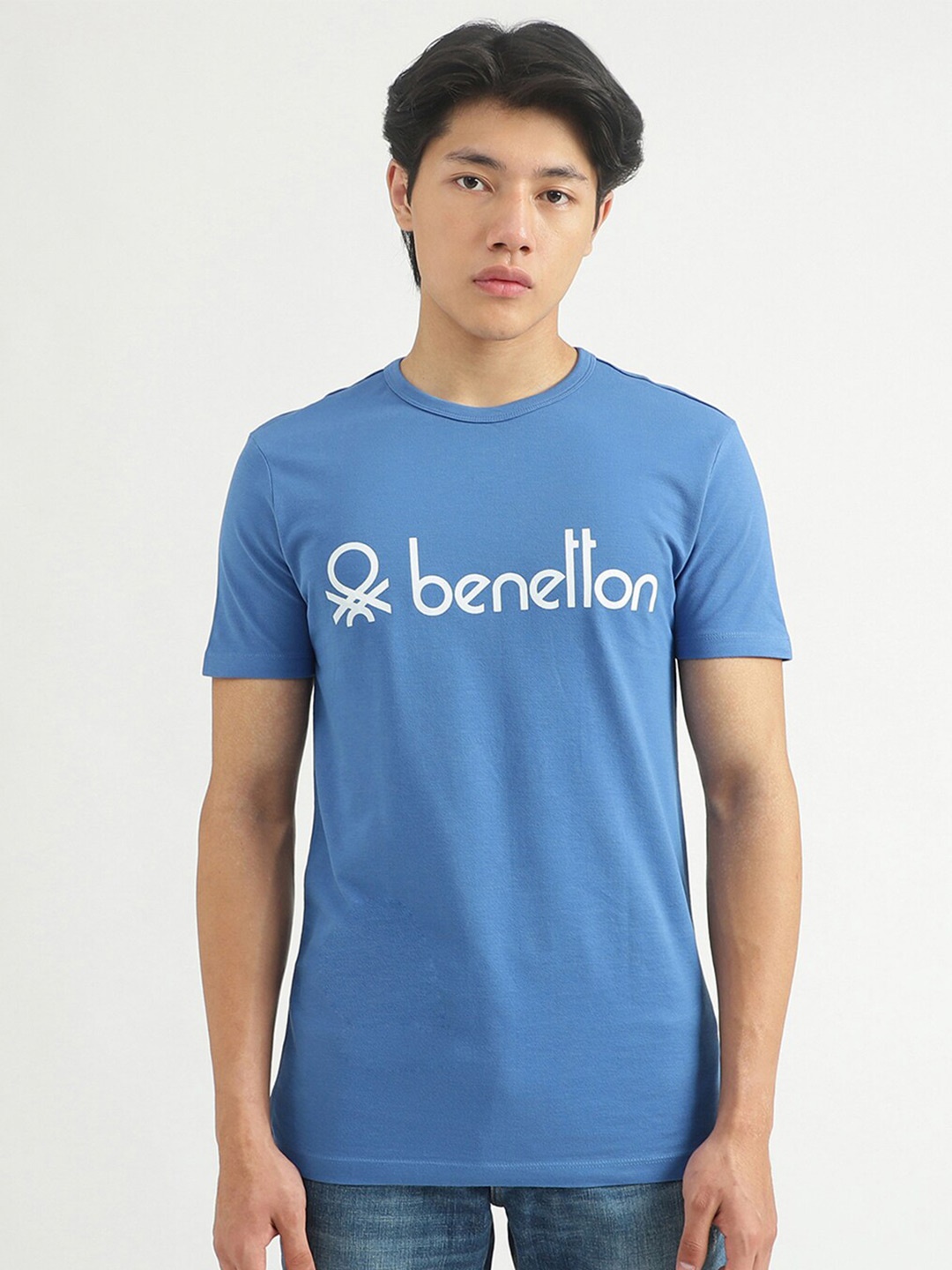 

United Colors of Benetton Men Blue & White Brand Logo Printed T-shirt