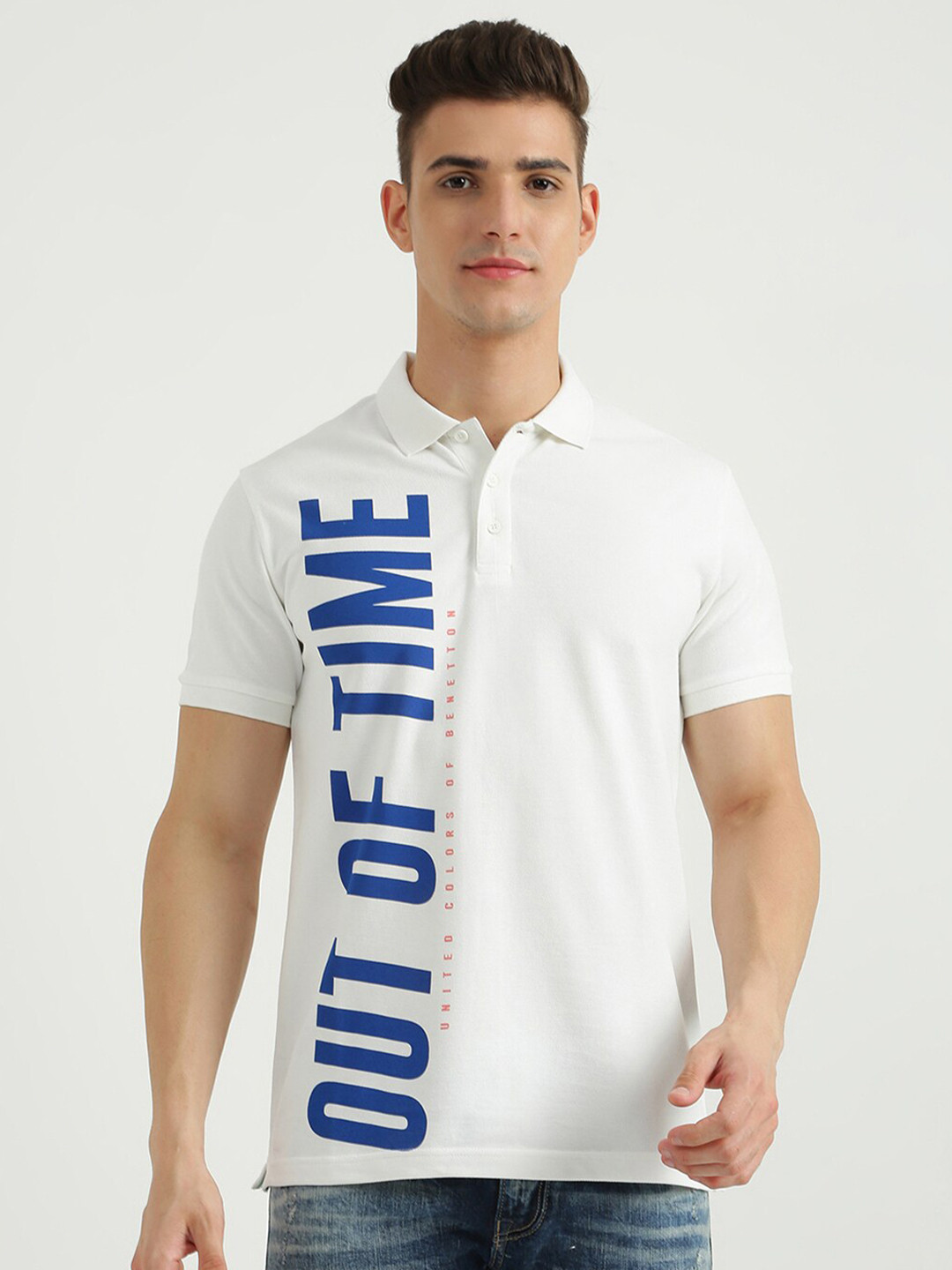 

United Colors of Benetton Men White Typography Printed Polo Collar T-shirt
