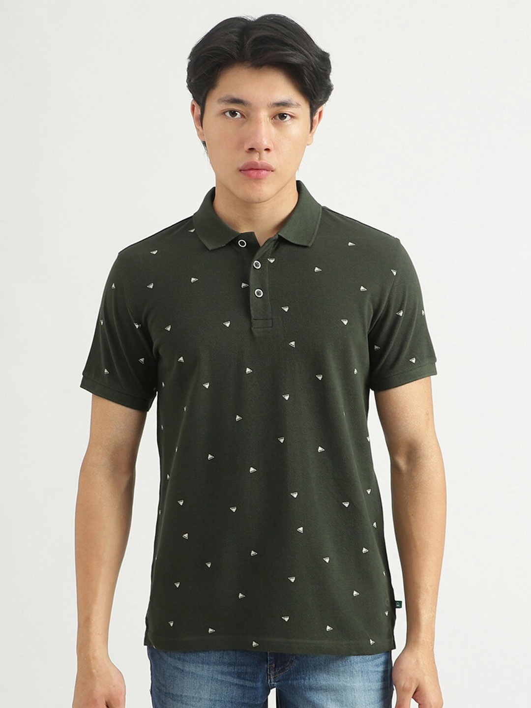 

United Colors of Benetton Men Green Printed Polo Collar Cotton T-shirt