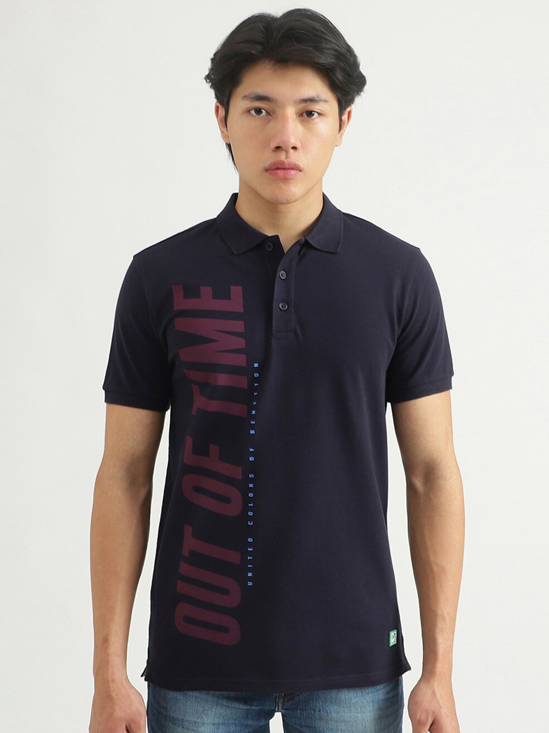 

United Colors of Benetton Men Navy Blue Typography Polo Collar Applique Cotton T-shirt