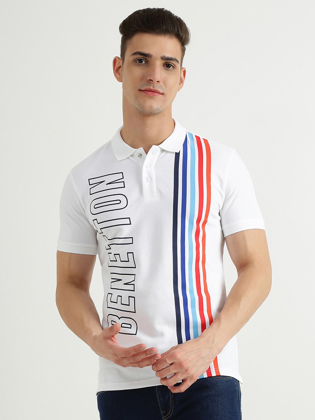 

United Colors of Benetton Men White Typography Striped Polo Collar T-shirt